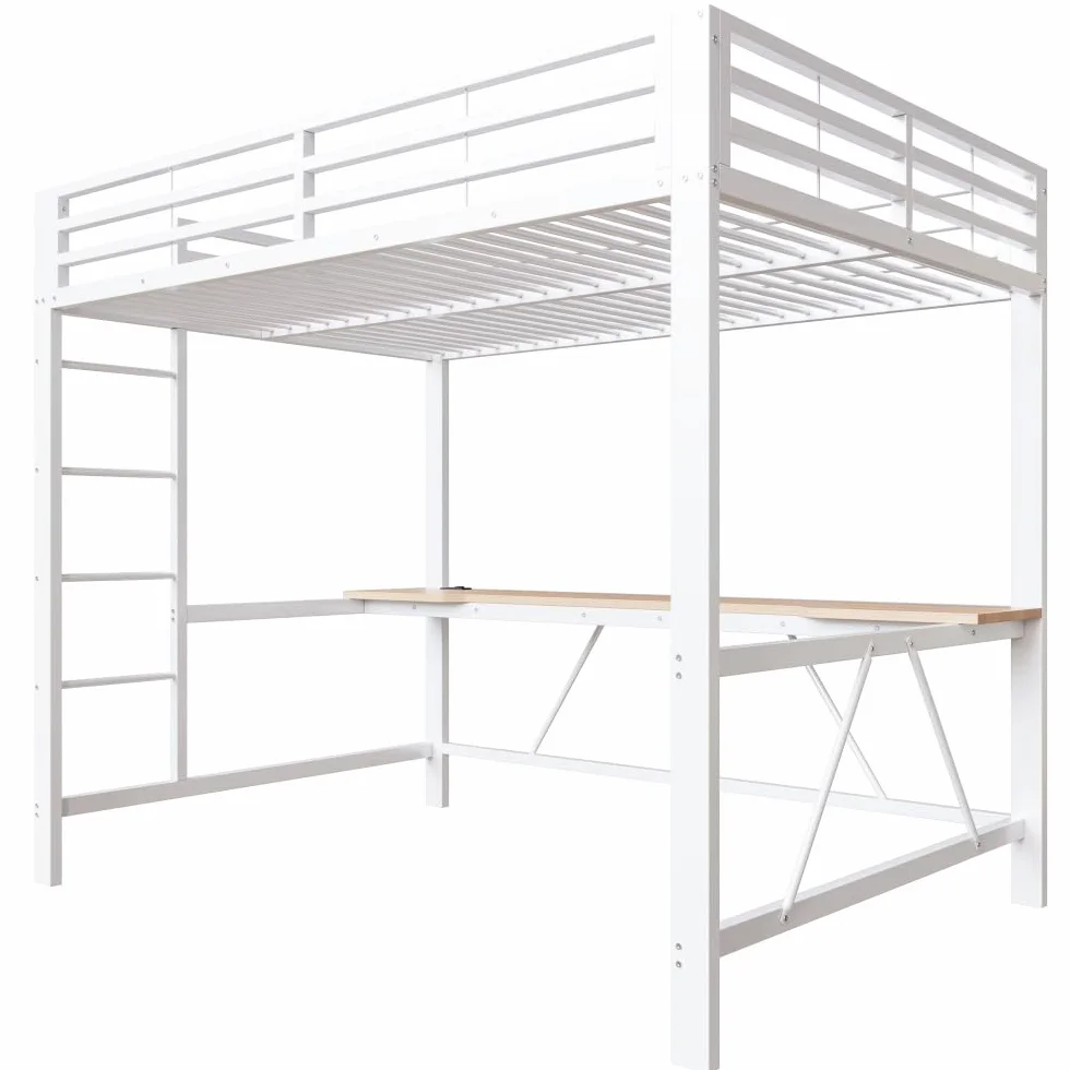 Litera de 140 x 200 cm con tira LED, USB, cama alta para niños con escritorio, ahorra espacio, estructura de cama de metal para juegos con riel, sin colchón, apto para dormitorios y otros (blanco)
