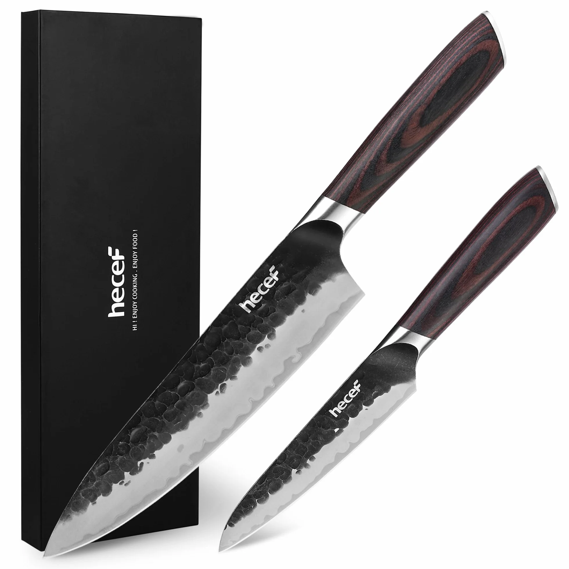 hecef set de cuchillos de cocina 2 piezas, cuchillo de chef y cuchillo utilitario, hoja martillada de acero inoxidable de alto contenido en carbono de 3 capas, mango ergonómico de madera de Pakka