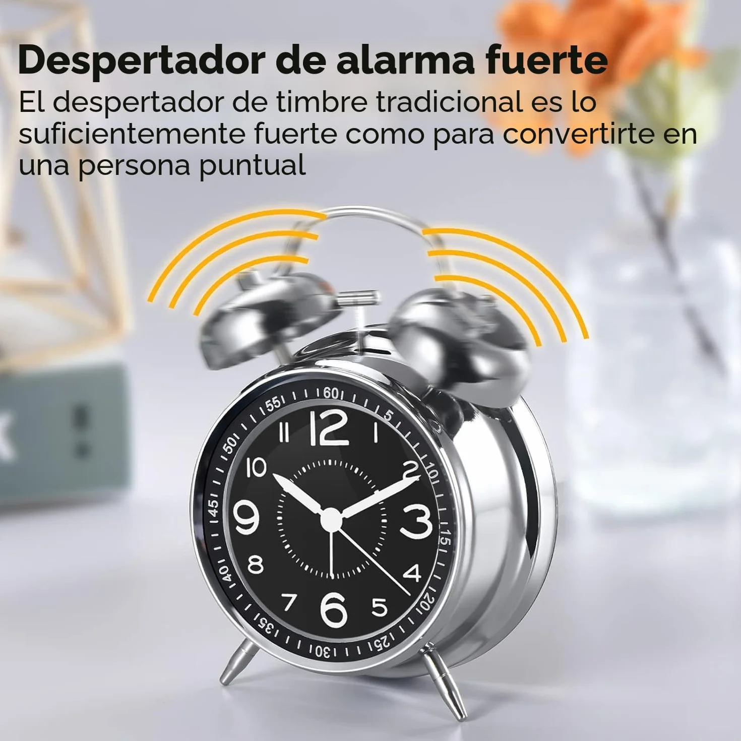 Reloj despertador fuerte metal 10,2 cm doble campanilla a pilas silencioso plateado
