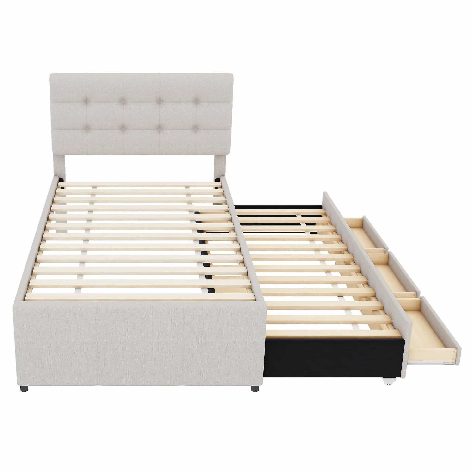 Cama Tapizada 90x200 cm con Cama Nido 90x190, Cama Infantil con 3 Cajones, Camas Juveniles con Cabecero Ajustable, Estructura de Cama Individual con Láminas de Madera, Lino, Beige, Sin Colchón