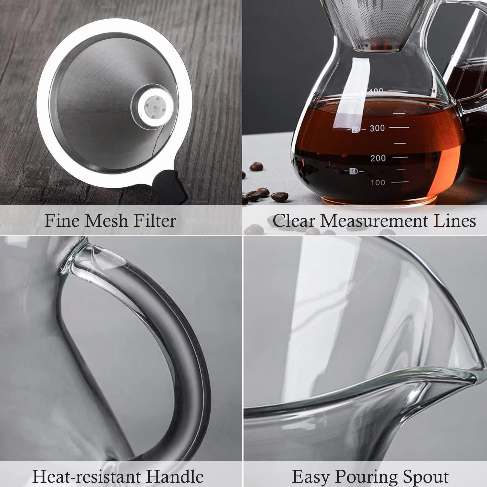 Pour Over Coffee Maker, 400ml Vaso Cafetera Goteo Manual con Filtro Café Reutilizable y Mango Resistente al Calor, Cafetera Goteo Pequeña Prepara Hasta 2 a 3 Tazas para Baristas