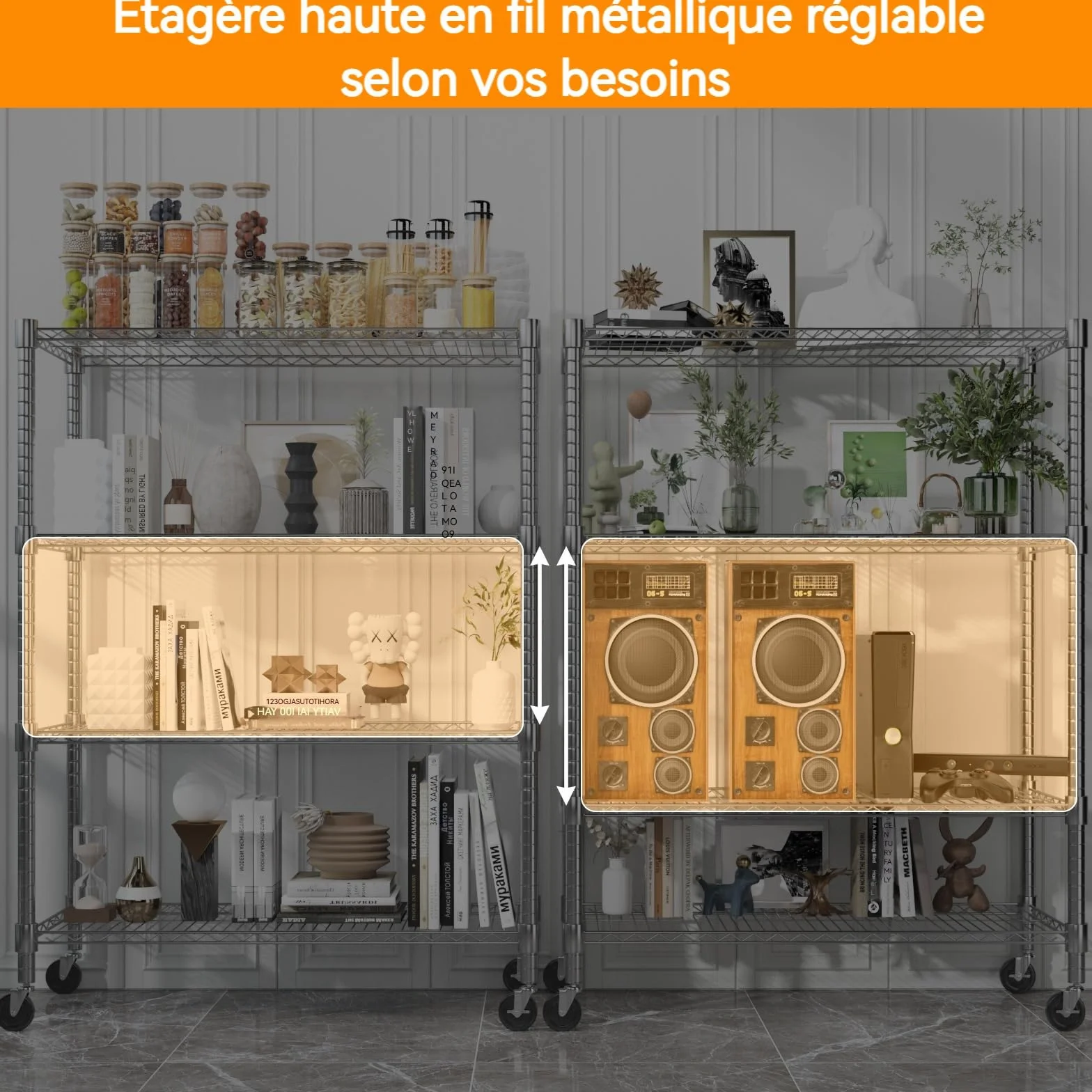 Himimi Estantería de Alambre 4 Niveles con Ruedas, Altura Ajustable, 500 kg, 90x45x183 cm