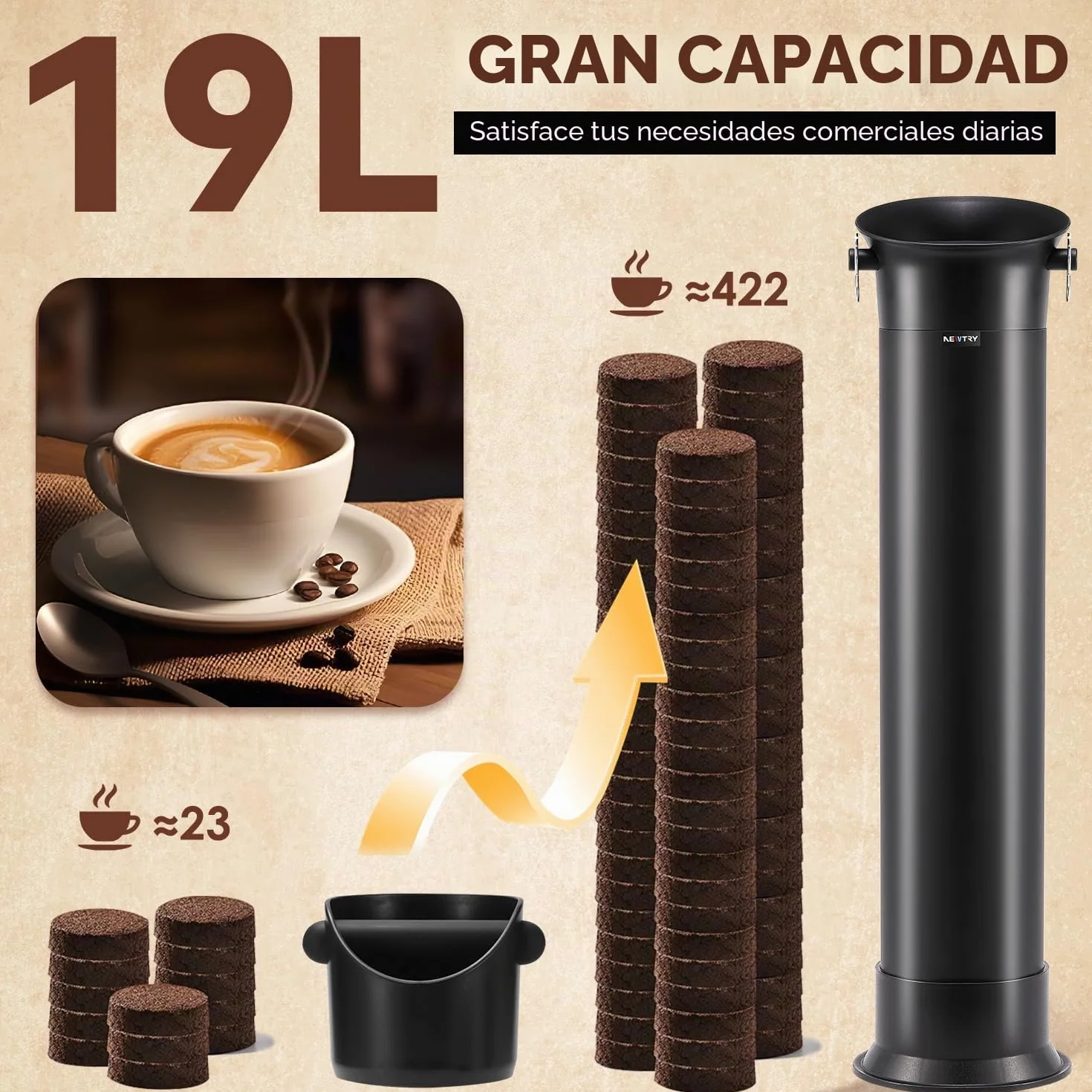 NEWTRY Café Knock Box Commerciale Recipiente para Posos de Caja de Café Deposito, cubo de Gran Capacidad de 19L para Barista, Cafetería, Bar