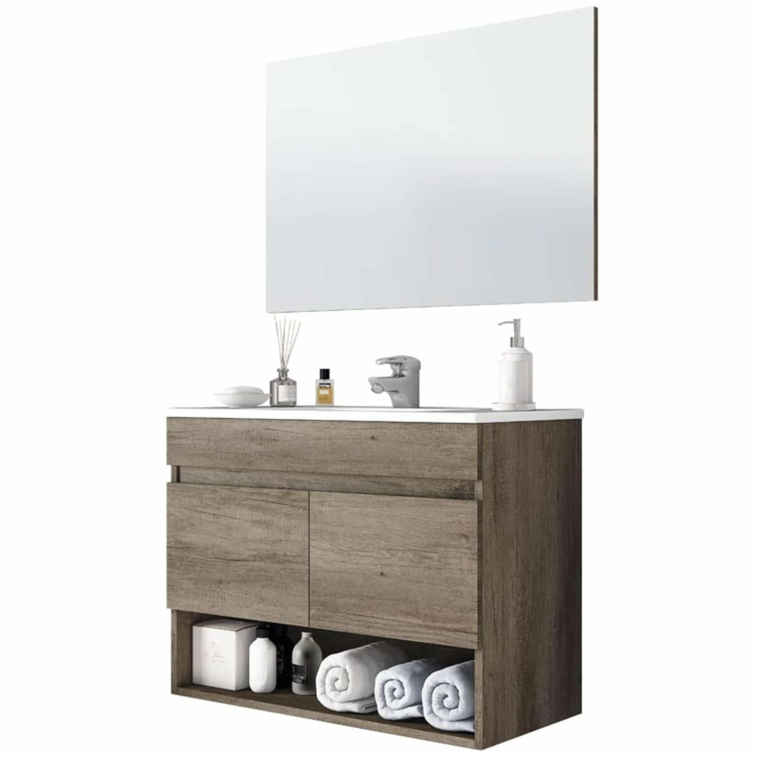 Pack de Muebles de Baño en Color Roble Nordik formado por Mueble de Baño, Espejo y Lavabo Cerámico (Tamaño de la Columna Opcional)