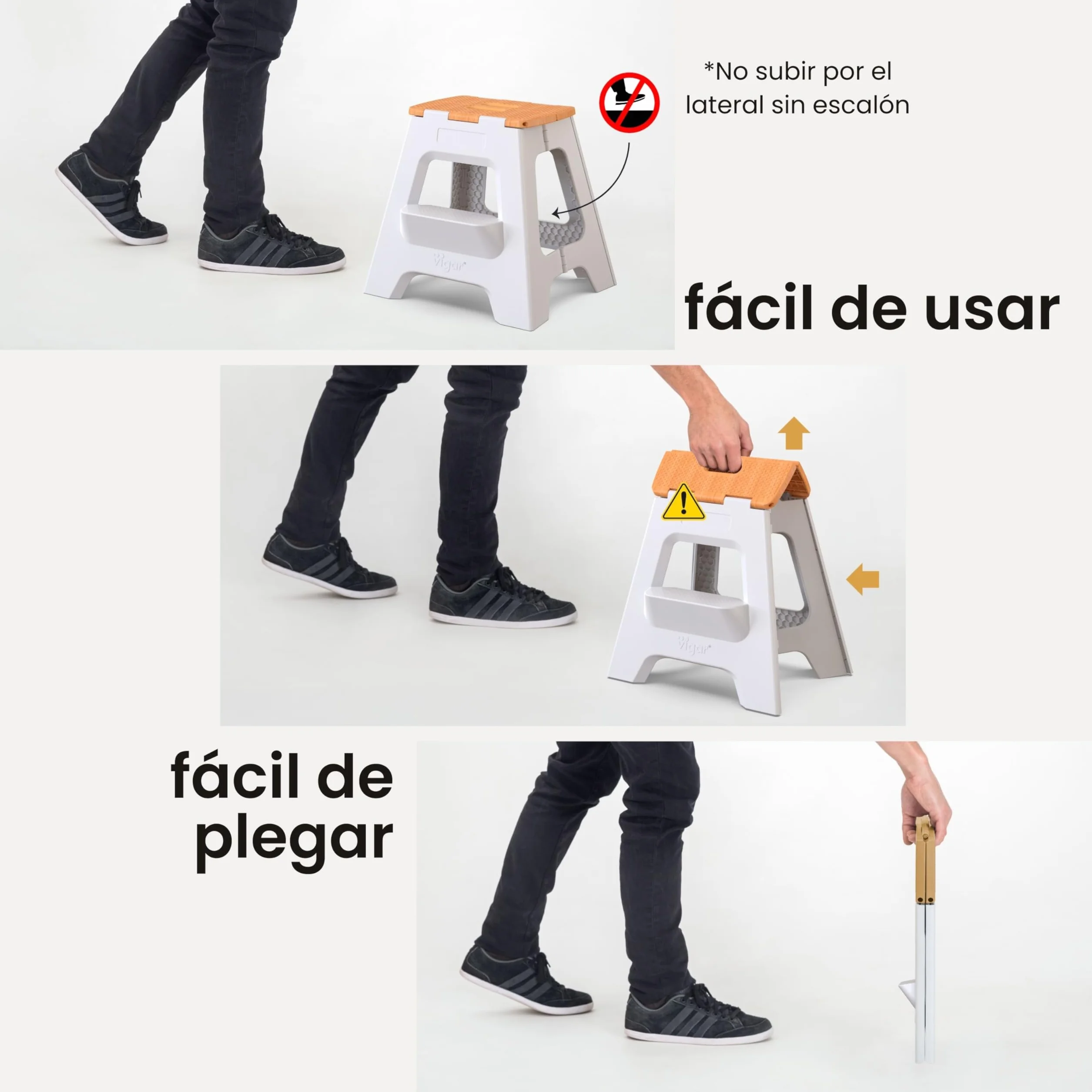 Vigar Taburete Plegable Portatil Compacto 40 cm Antideslizante de Dos Peldaños, Silla Banco para Casa Cocina Baño Oficina, 150 kg Gris Bamboo