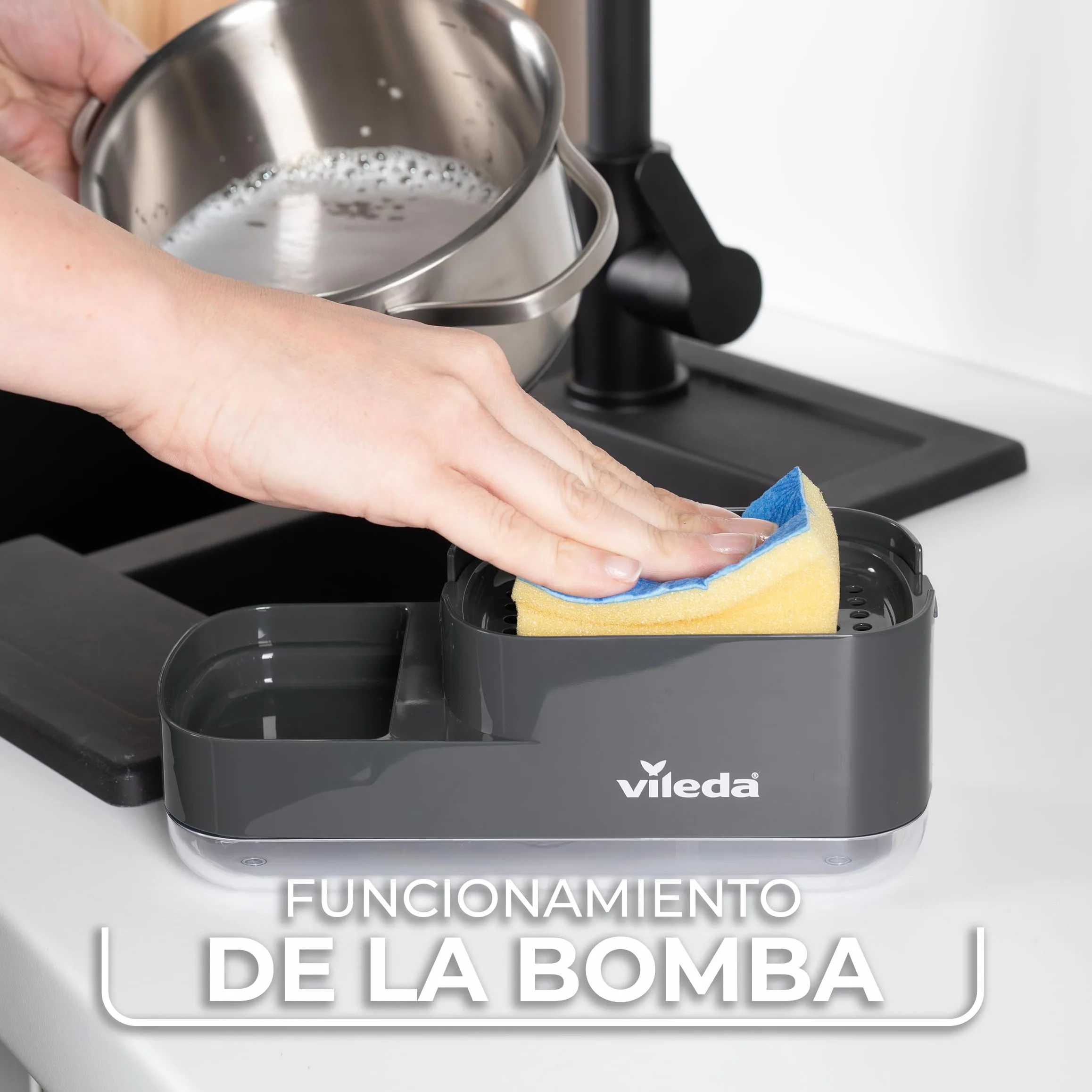 Vileda Dispensador de jabón para lavavajillas Pump con Soporte para Esponja. Práctica solución 2 en 1 para la Cocina. Dispensador de jabón Integrado para una fácil dosificación con una Sola Mano