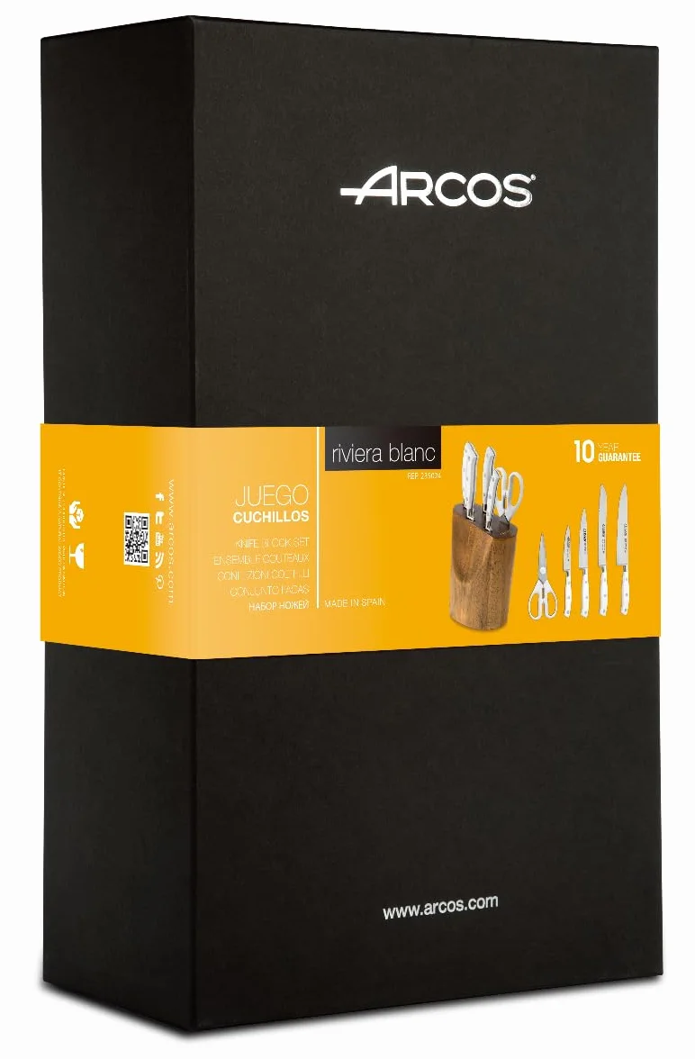 Arcos Set Cuchillos Forjados 5 piezas - Acero Inoxidable Nitrum. 3500 gr. Mango Ergonómico Polioximetileno POM. Serie Riviera Blanc. Hoja delgada con un Borde Suave característico. Color Blanco.