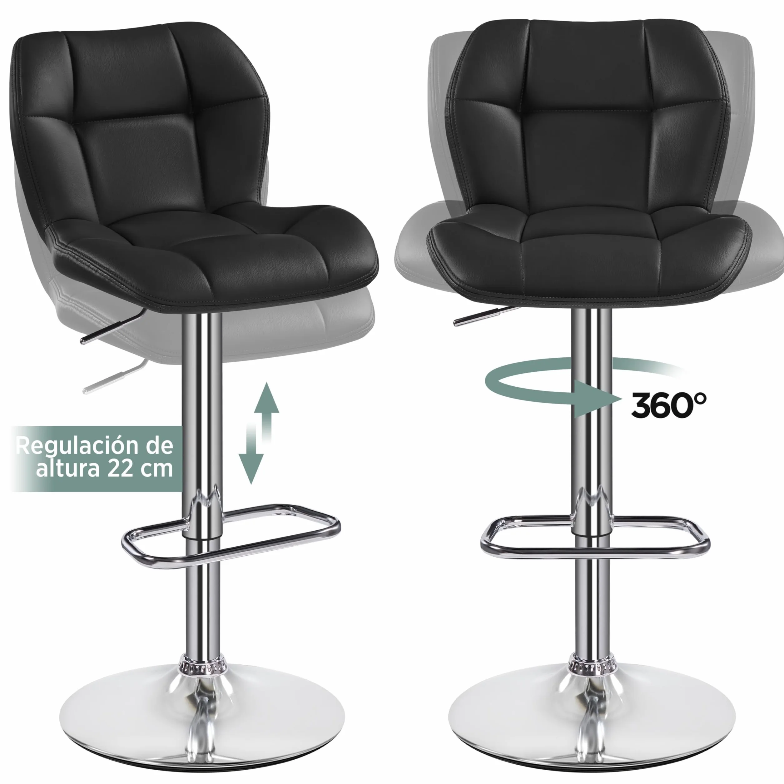 Yaheetech Juego de 4 Taburetes de Bar Altos de Cocina de Polipiel, Altura Ajustable, Giratorio 360° con Respaldo y Reposapiés, Negro