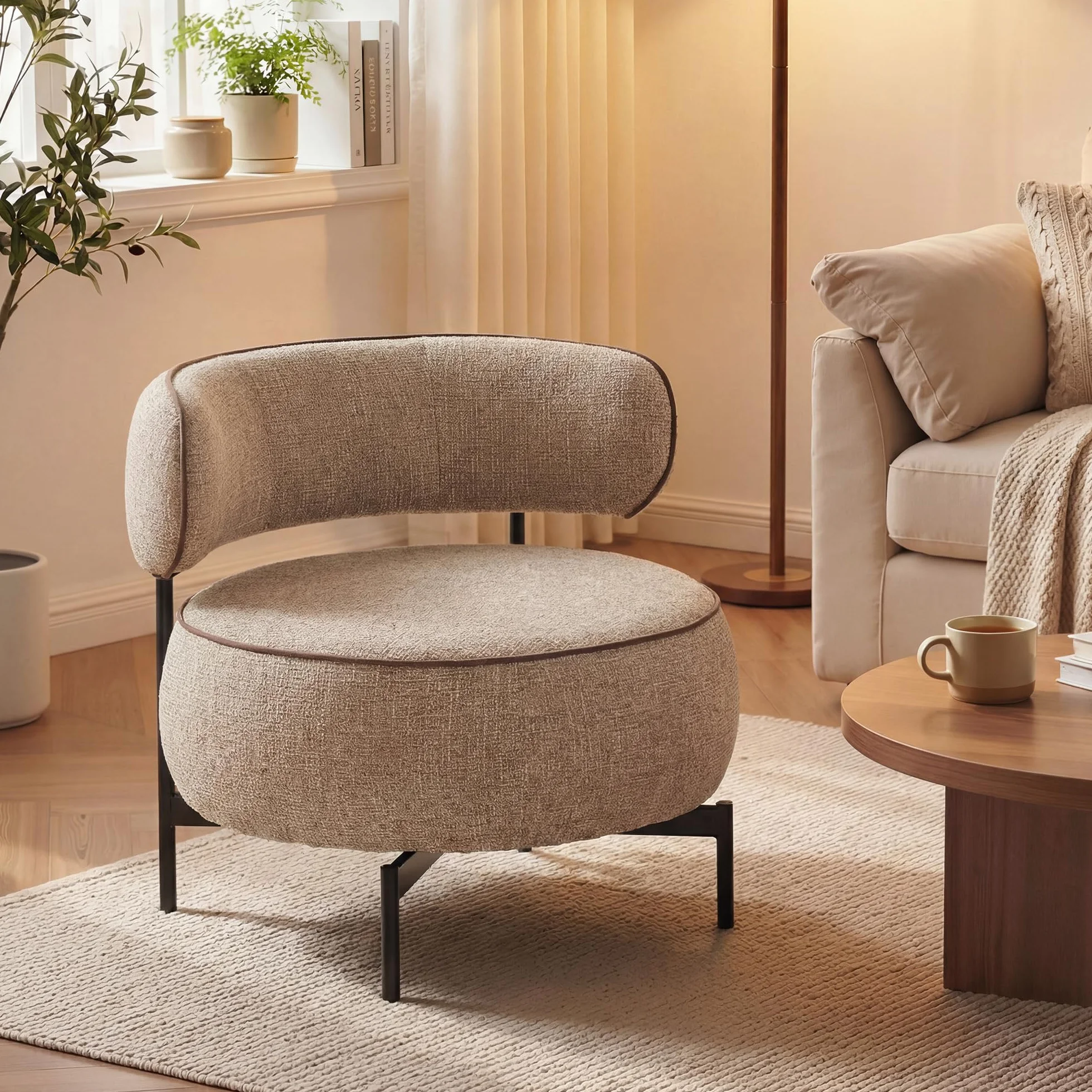 HOMCOM Butaca de Salón con Asiento Giratorio, Sillón de Salón, Tapizado en Lino, con Asiento Amplio, Acolchado Grueso, Patas de Metal para Dormitorio, Lectura, Beige