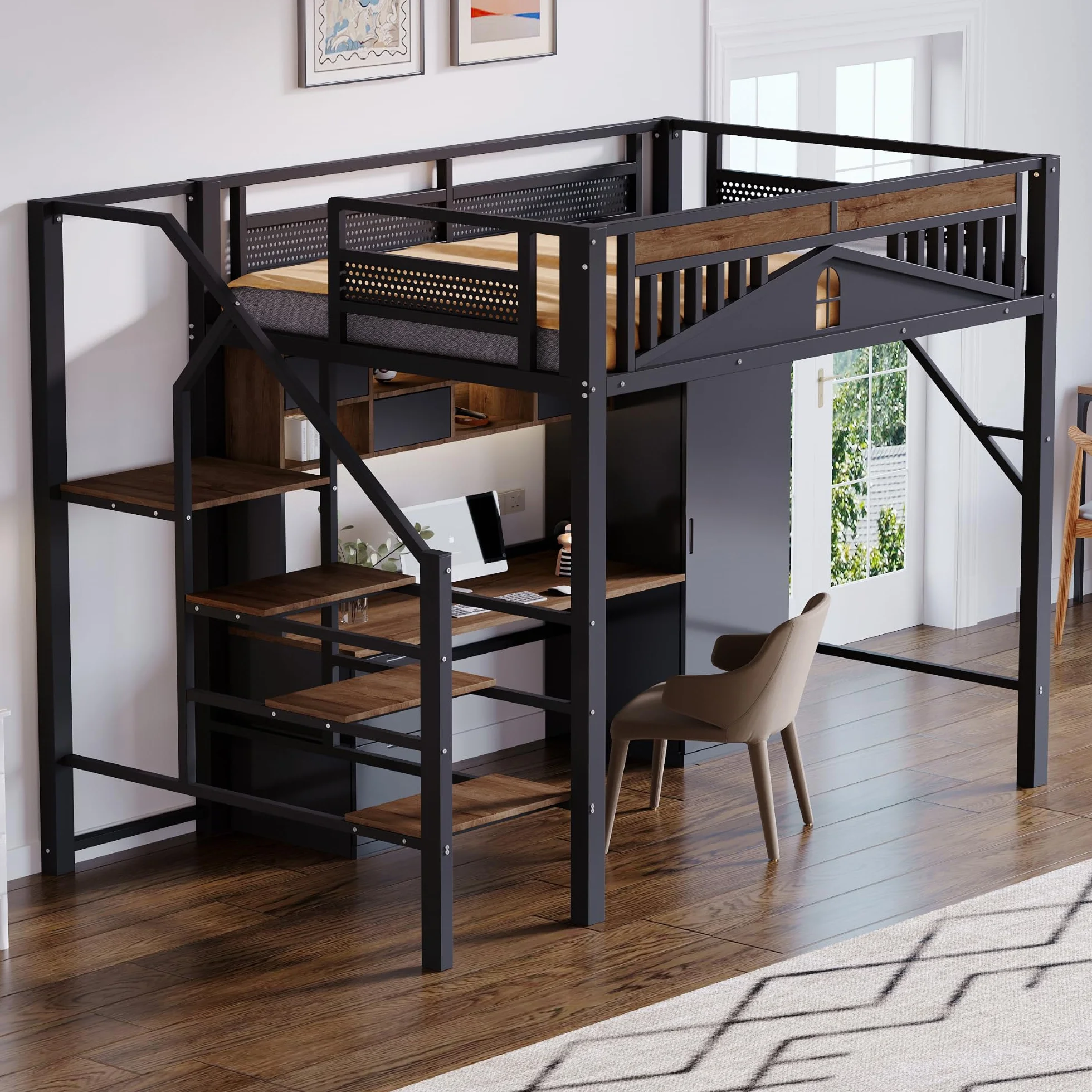 SACOOL Cama alta de metal de 140 x 200 cm, forma de carcasa única con diseño de ventana, con escalera de seguridad, mucho espacio debajo de la cama, color negro