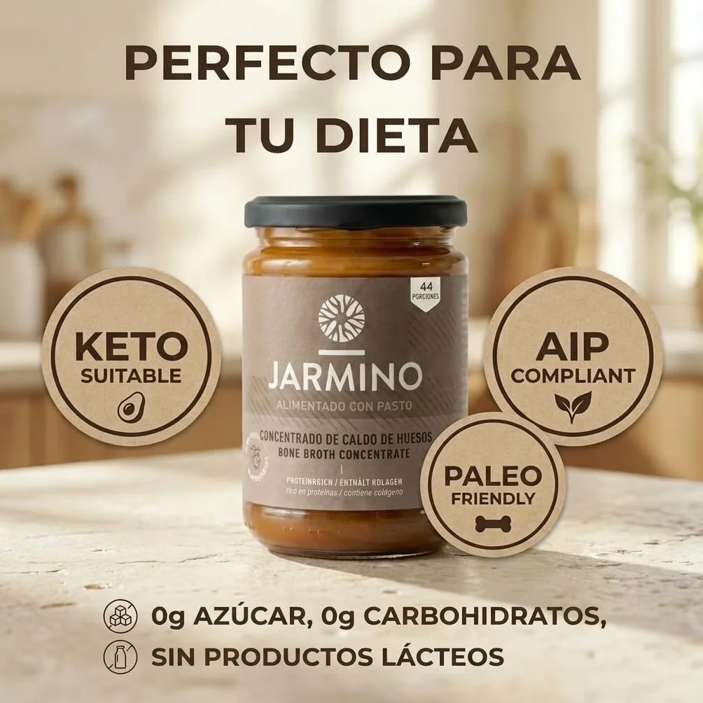 JARMINO Caldo de Huesos Orgánico Concentrado, Bone Broth de Res de Pastoreo, Colágeno Tipos 1 2 3, Keto Paleo AIP, 220 g