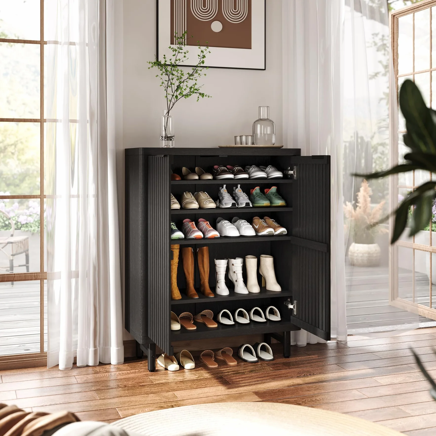 Tribesigns zapatero con puertas de persiana, organizador moderno de 6 niveles con estantes ajustables para entrada, pasillo y sala de estar, color negro