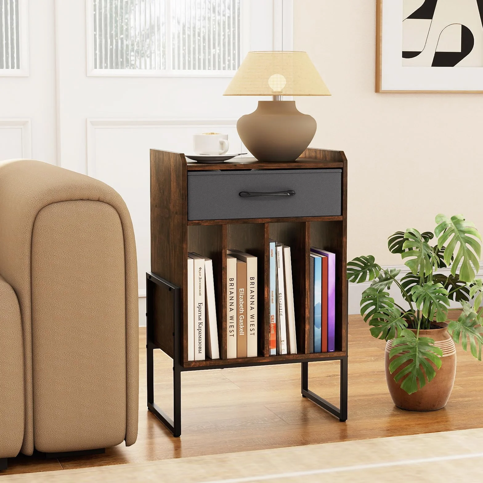 FANTASK Soporte para tocadiscos, estante para discos de vinilo con cajón de tela plegable, 4 compartimentos, hasta 160 álbumes, estilo vintage