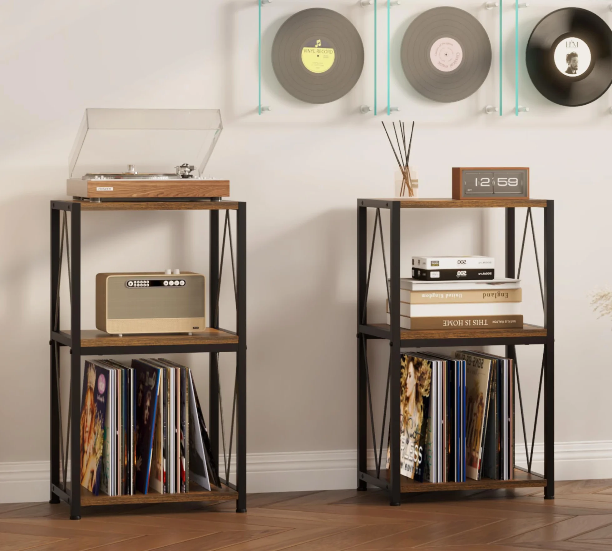 HFHOME Soporte para tocadiscos de 3 niveles con almacenamiento de vinilo