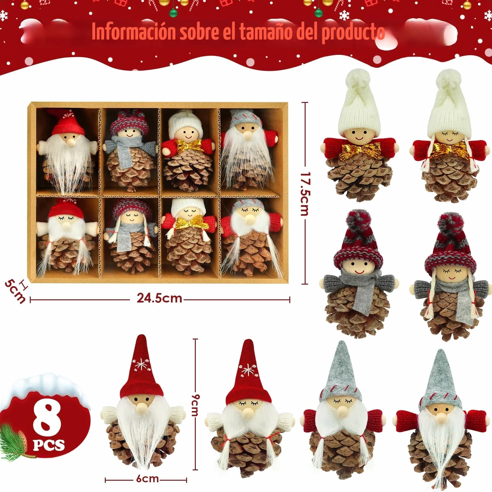 Gnomo Adornos de Navidad, Duendes Colgante Decoracion Árbol Navidad 8 Piezas Piñas Muñecos