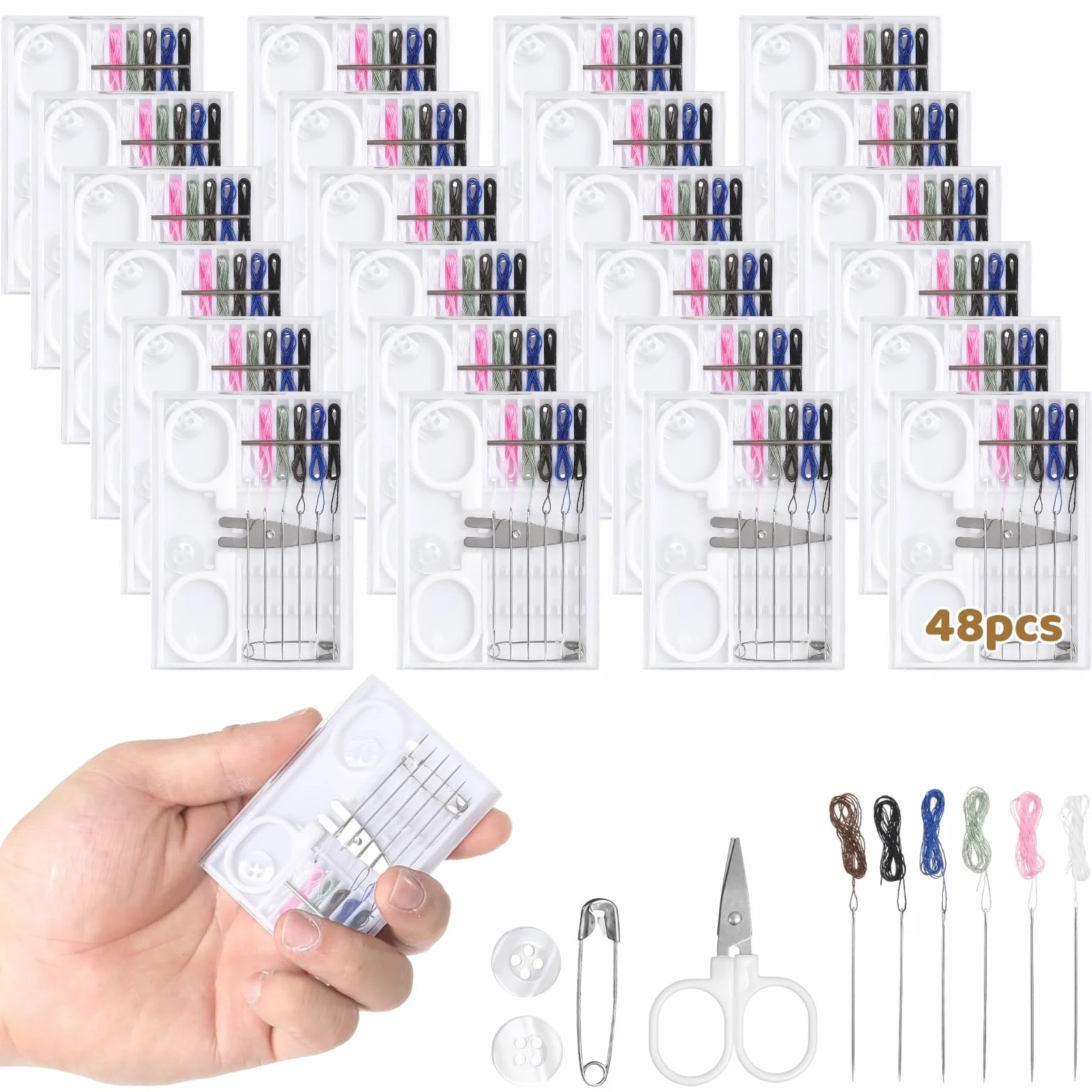 Mini kit de costura de 48 piezas con tijeras, kit de costura de viaje, agujas preroscadas, 6 hilos de color, botones y pines, kit de costura portátil a granel para el hogar, viajes, emergencia