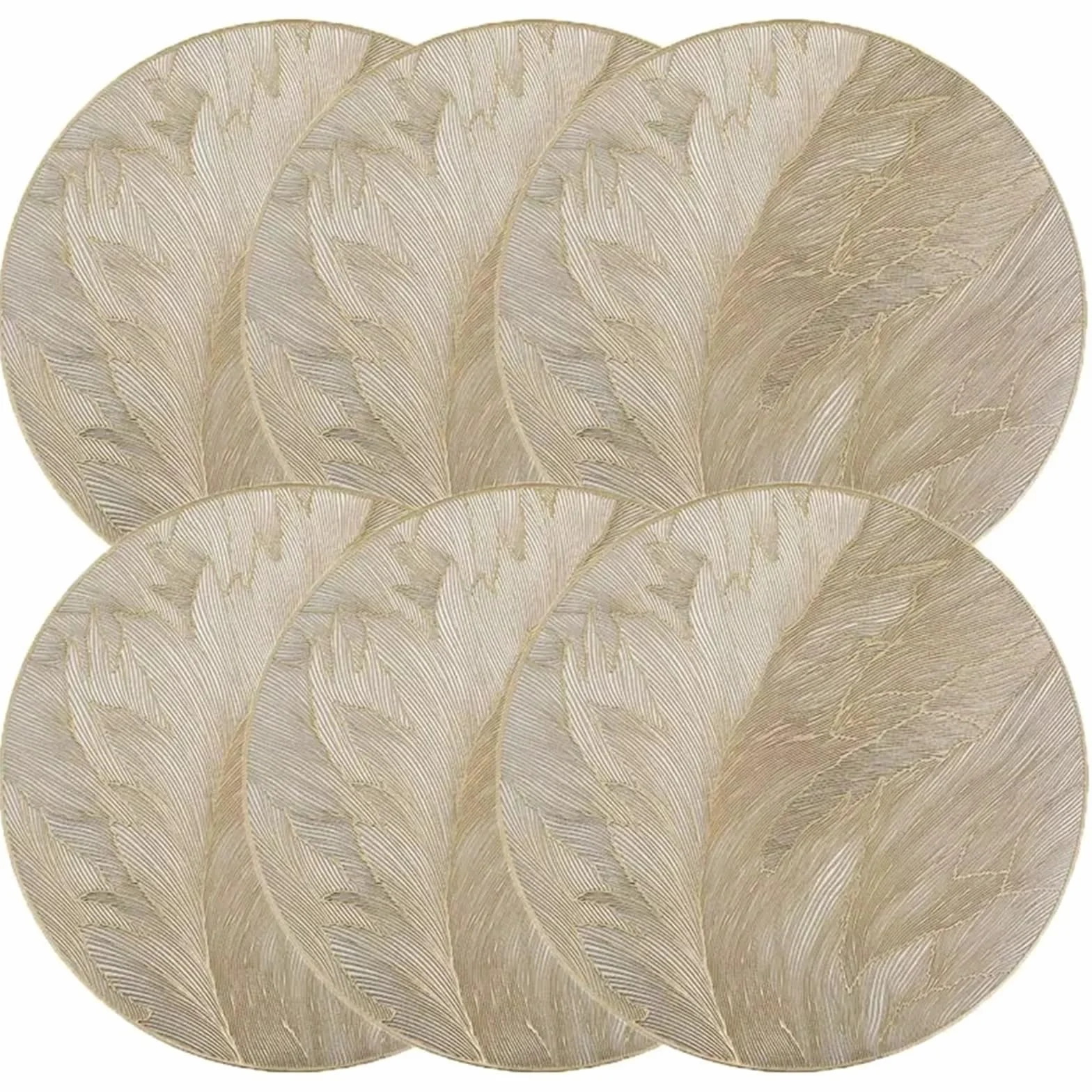 Manteles Individuales Redondos, manteles de Mesa Dorados Lavables prensados ​​con Plumas, Lugar Hoja Comedor for decoración for Fiesta Boda y Vacaciones(6PCS)