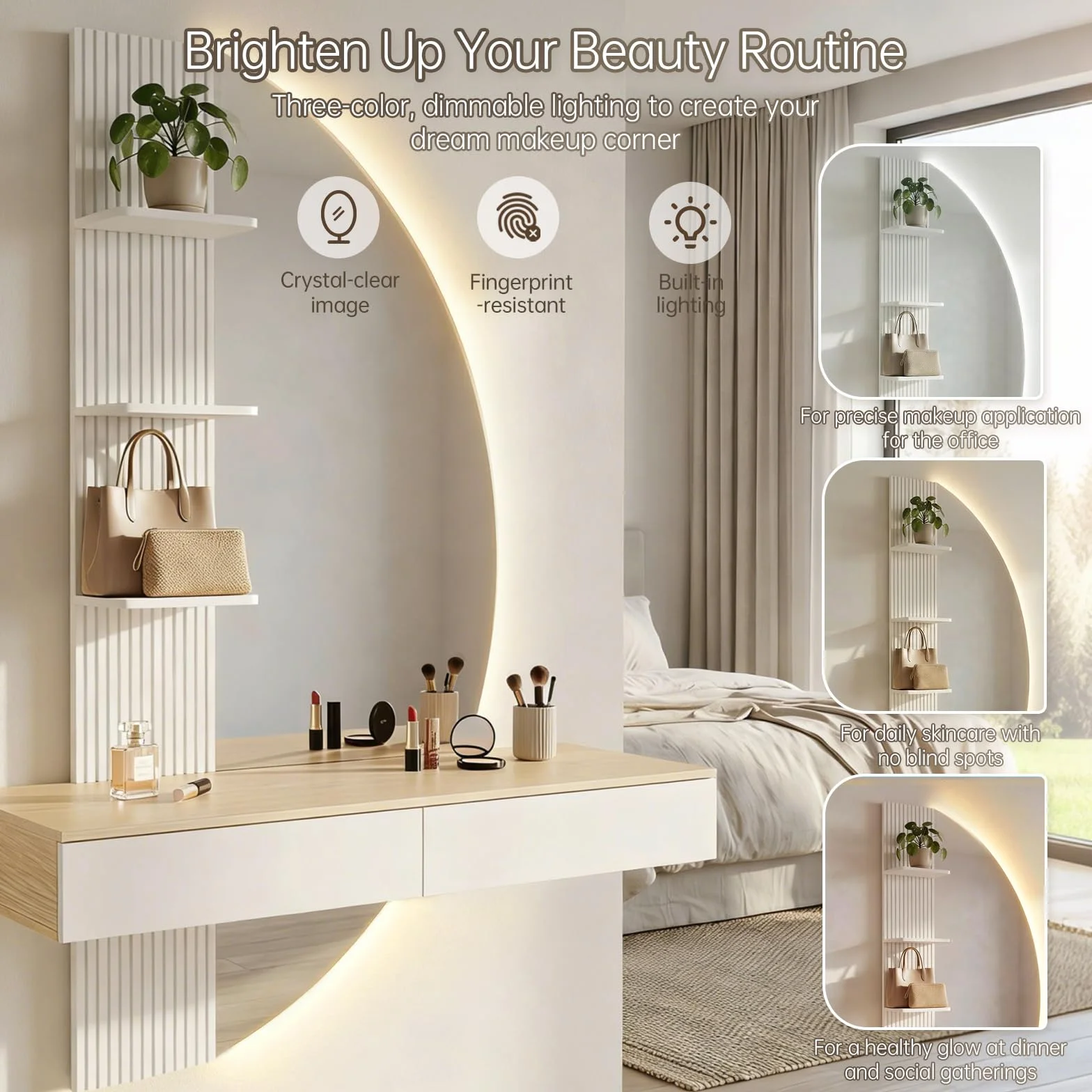 TRIUMPHKEY Tocador de Pared con Espejo en Forma de Media Luna, Mesa de Maquillaje Flotante con Luces LED Regulables, 2 Cajones y 3 Estantes, Ahorra Espacio para Dormitorio (Blanco)
