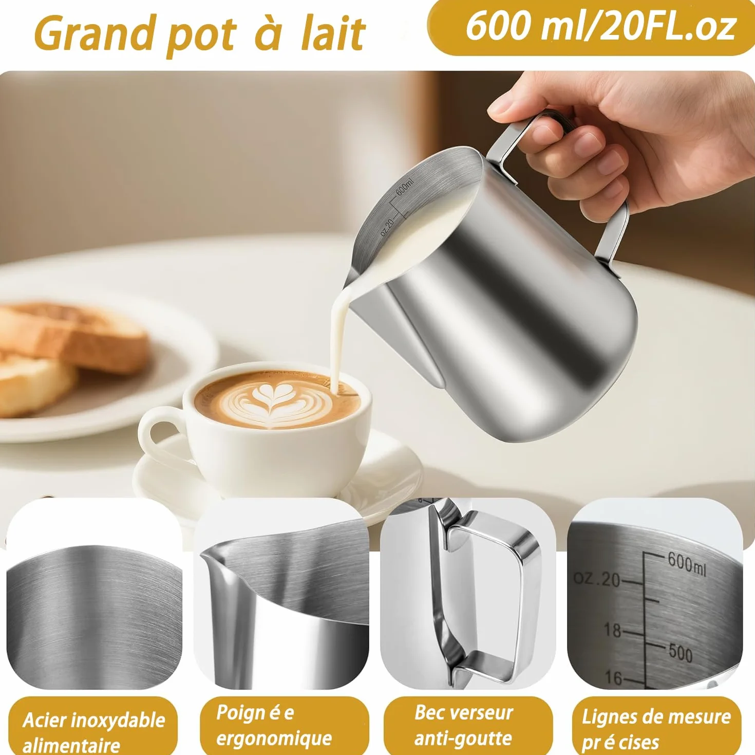 Jarra de leche acero inoxidable 600 ml con marca de medición para capuchino espresso