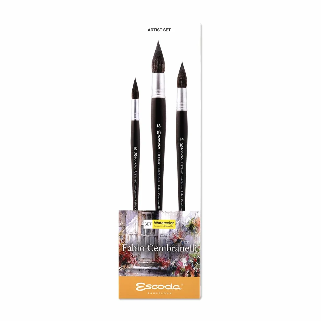 ESCODA Set 3 Pinceles Acuarela - N.10,14,18 Mop Redondo Pelo Sintético Petit Gris Set #1 Fabio Cembranelli Serie Ultimo Profesional Fabricado a Mano en España.