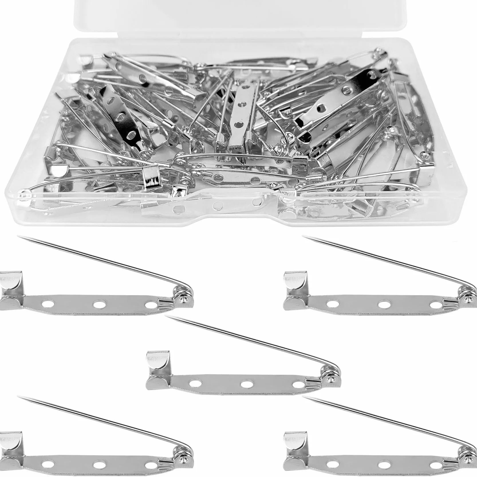 50 alfileres de boutonniere, broches de seguridad, pines de ramillete, pines de insignia con agujeros para manualidades de joyas, tela de costura (35 mm, plateado)