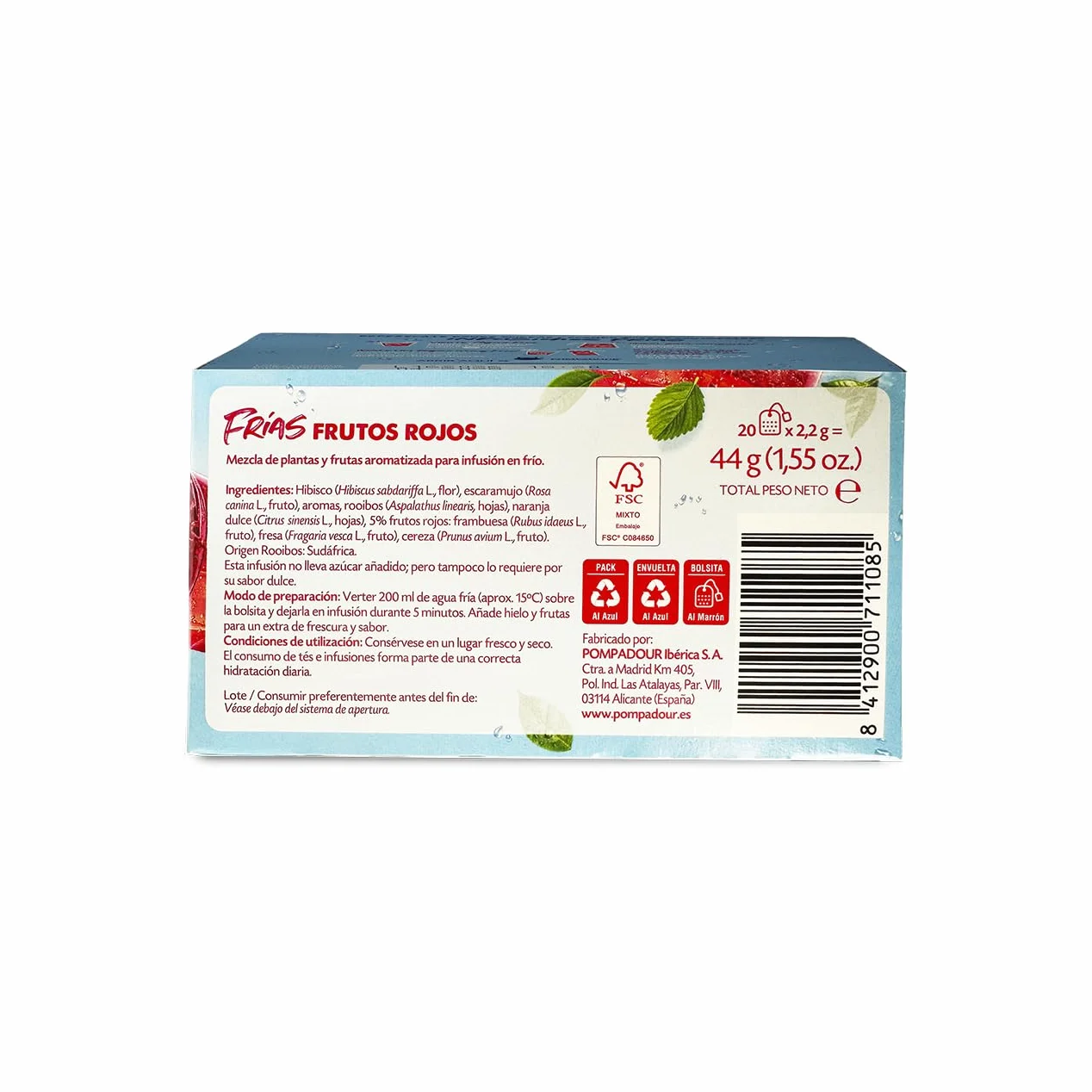 Pompadour Infusión de Frutos Rojos Agua Fría Sin Teína 20 Bolsitas 2,2 Gr