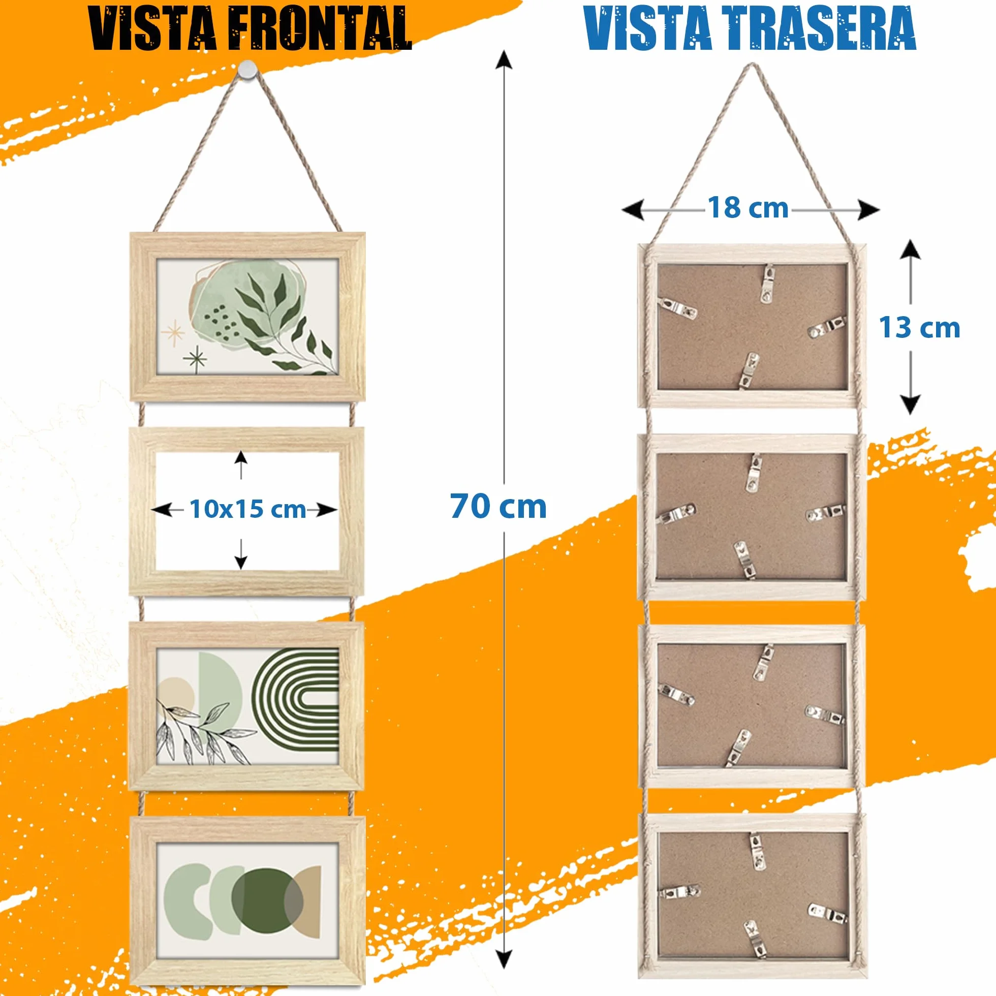 Portafotos Múltiple Decorativo Madera Cuerda Collage Colgante 4 Fotos 10x15 cm Roble Natural