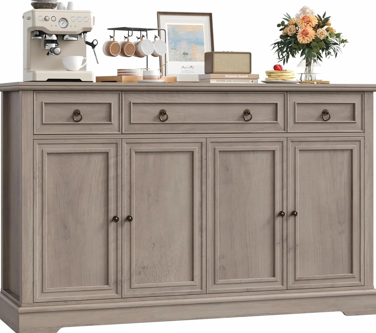 FirFurd Aparador Cocina, Armario de Almacenaje Comedor, Mueble Auxiliar de Cocina, Mueble Aparadores Salón con 3 Cajones y 4 Puertas, Estantes Ajustables 134x40x87cm Marrón