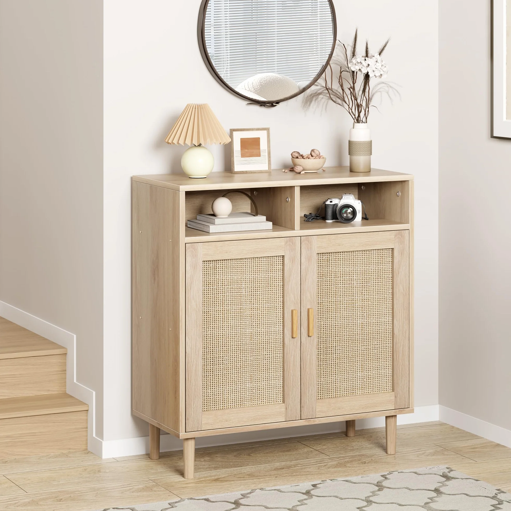 Aparador De Madera con Ratán - Armario De Almacenamiento para Salón con Puerta - Cuatro Compartimentos - para Salón, Dormitorio y Recibidor - Patas Altas - Fácil De Montar y Organizar