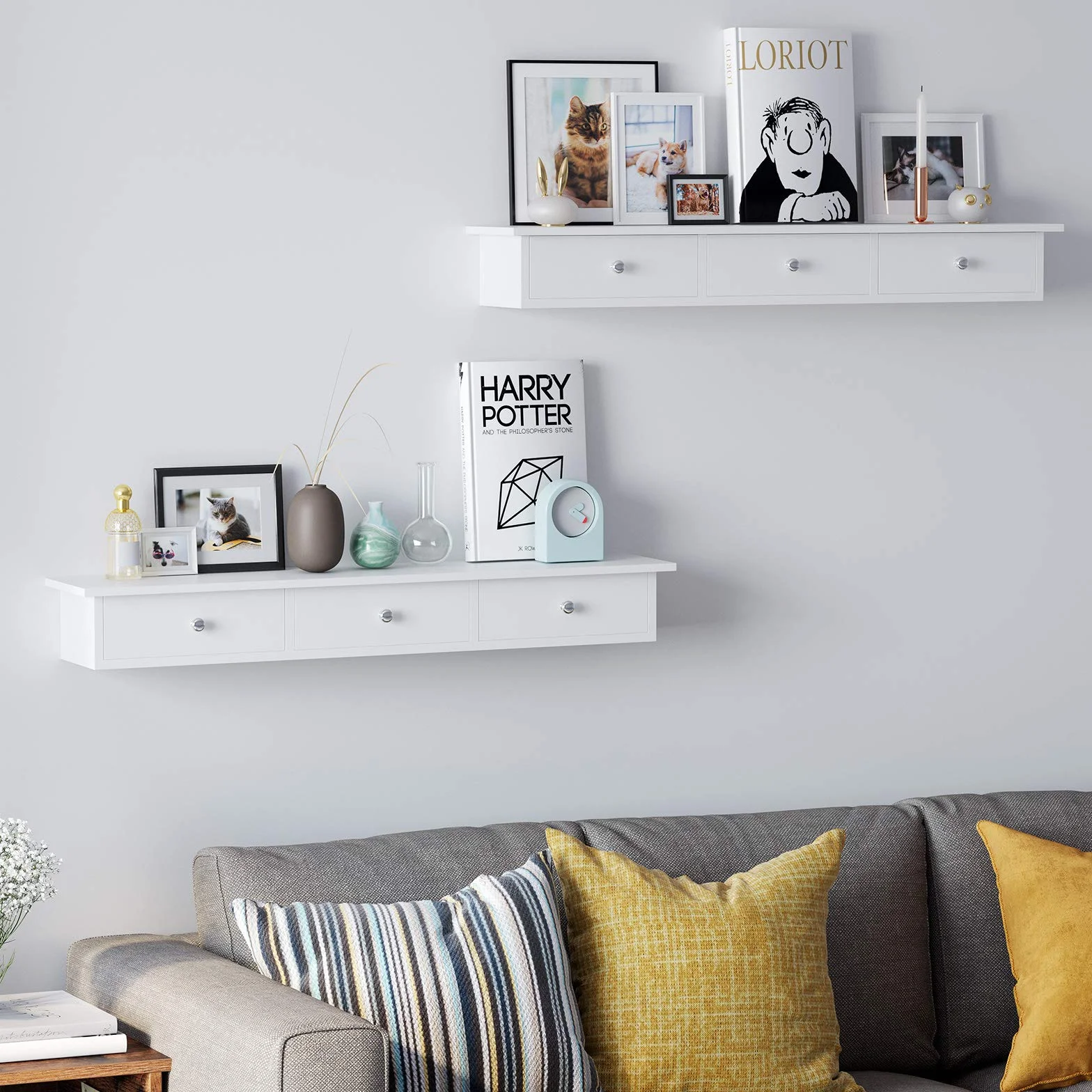 SONGMICS Estante de Pared Flotante con 3 Cajones, 15 kg, 15 x 80 x 10 cm, Blanco LWS085W01