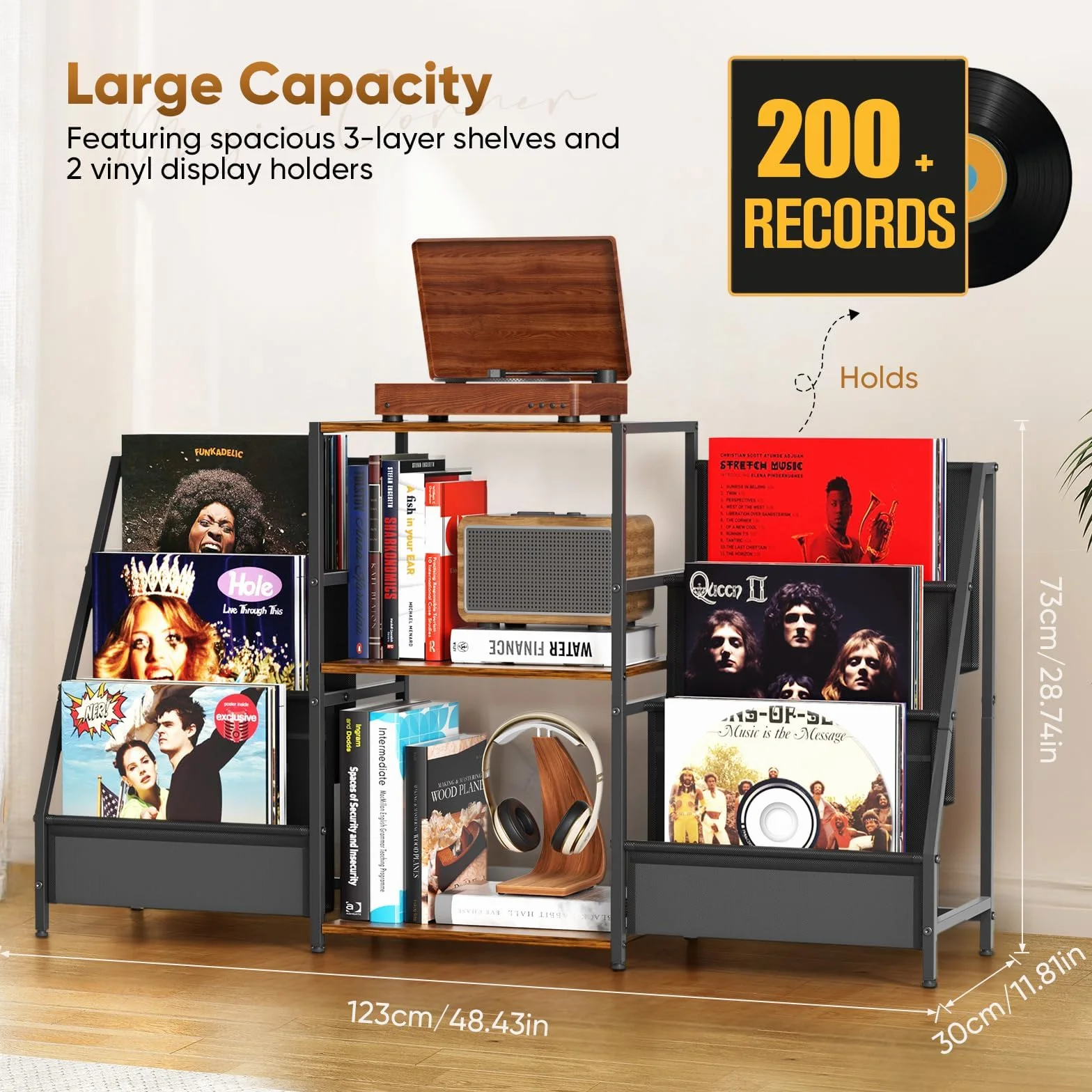 Soporte tocadiscos mesa auxiliar 3 niveles almacenamiento vinilo 200 álbumes 123 x 30 x 73 cm