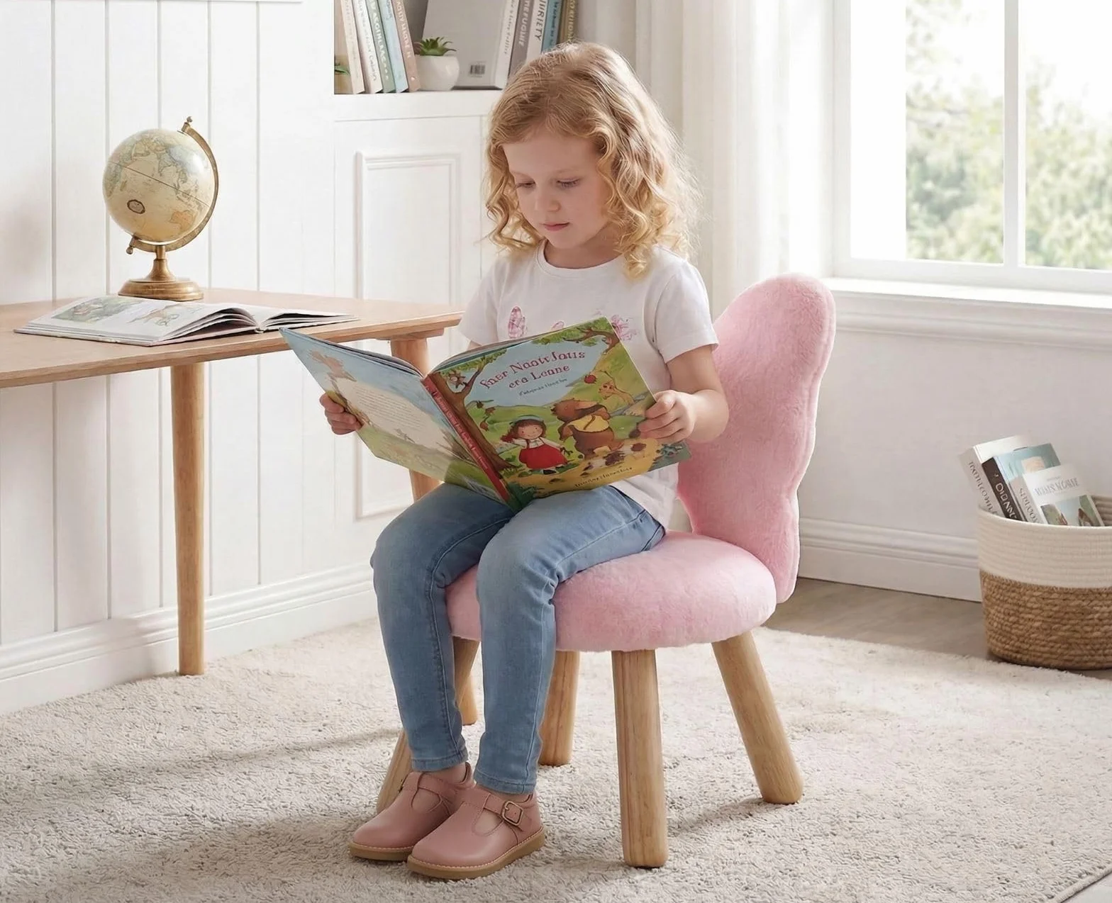 chairus Silla Infantil con Respaldo en Forma de Mariposa, Sillón Infantil de Pelo Sintético Silla para Niñas con Patas de Madera, Rosa