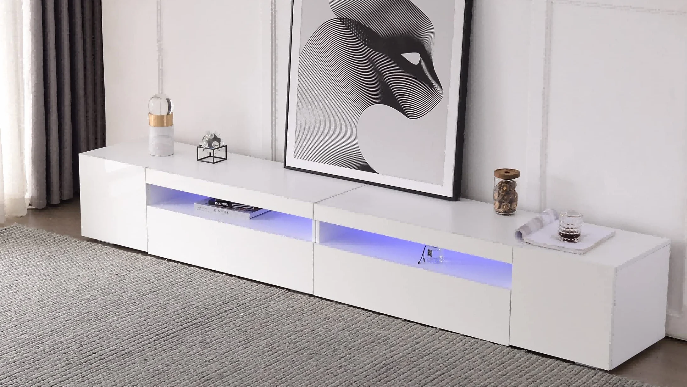 Mueble de TV moderno blanco, panel brillante, iluminación LED variable, salón y comedor 240 cm