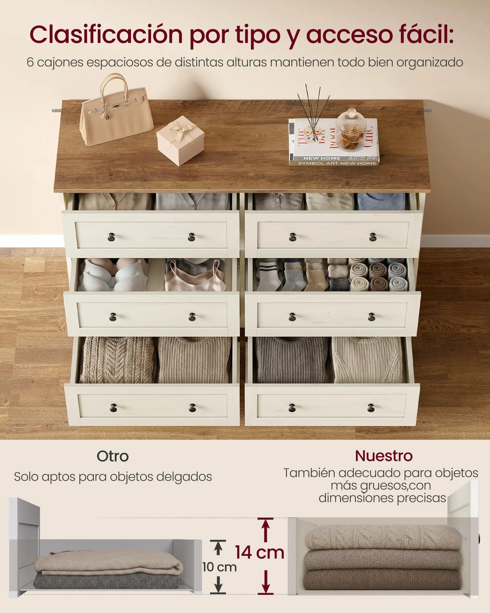 VASAGLE Siren Colección - Cajonera, Cómoda con Cajones, Estilo Rústico, Organizador Versátil, 6 Cajones, 40 x 120 x 78 cm, Blanco Rústico y Marrón Miel LTS663WJ01