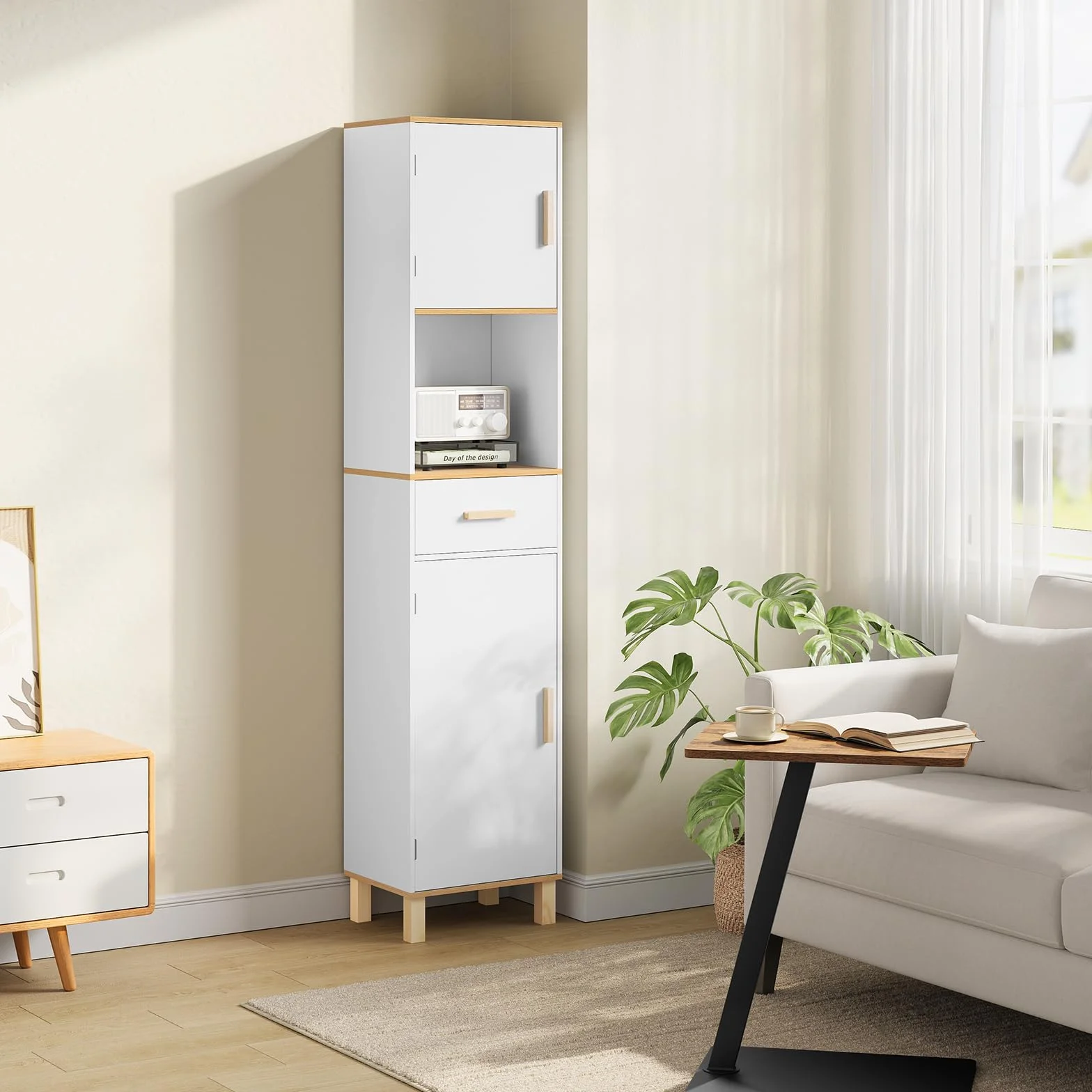 EUGAD Armario Baño Alto, Armario Columna de Almacenamiento, Mueble Baño Blanco con 2 Puertas, 4 Compartimentos Interiores, 1 Compartimento Abierto y 1 Cajón, MDF, 39x30x179 cm