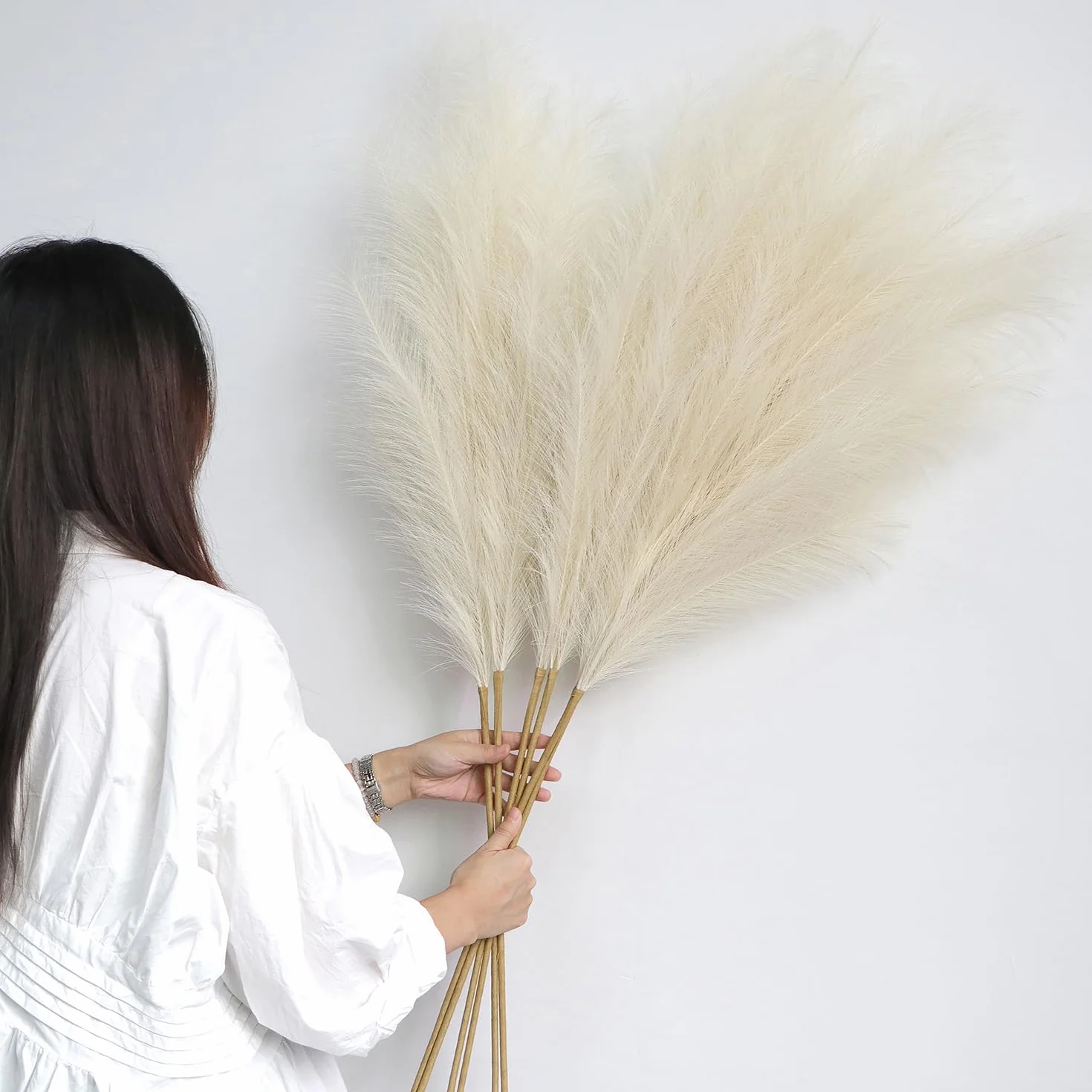 6 Pcs Pampas Secas Decoracion Grandes 113 Cm Blanquecino Hierba De Pampa Simulada Hierba Artificial De Pampa para Sala De Estar, Hogar, Piso, Jarrón, Decoración Boho（Beige）