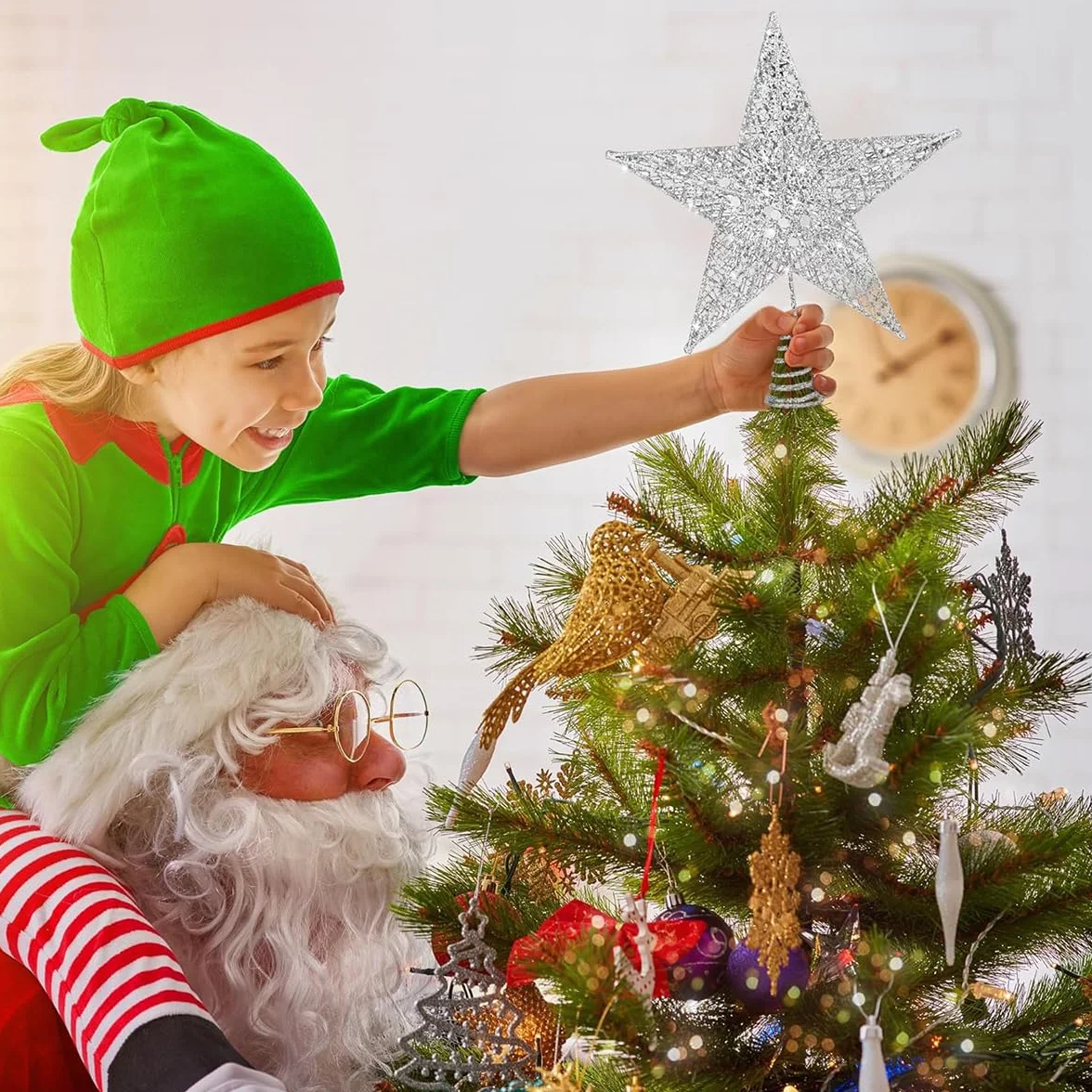 Estrella para Árbol de Navidad Plateada | Adorno con Diseño 3D Hueco y Purpurina | Decoración Universal para Copa de Árbol | Se Adapta a Todos los Tamaños | 23x20 cm, Plata