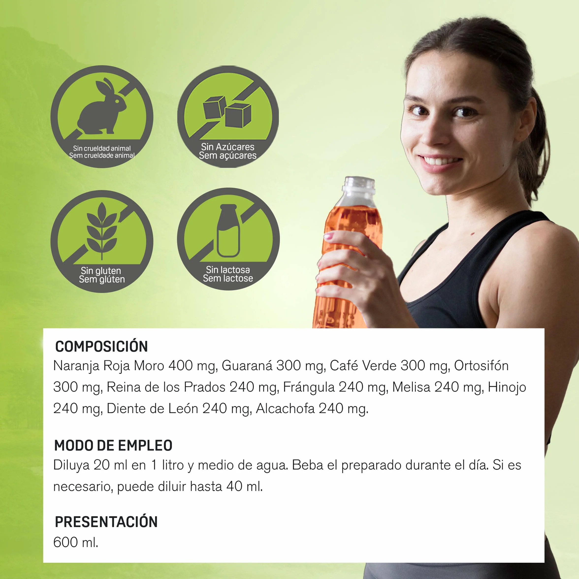 DietMed Drenalight Barriga Plana Solución Oral 600 ml Naranja Roja Moro 400 mg Guaraná 300 mg Café Verde 300 mg