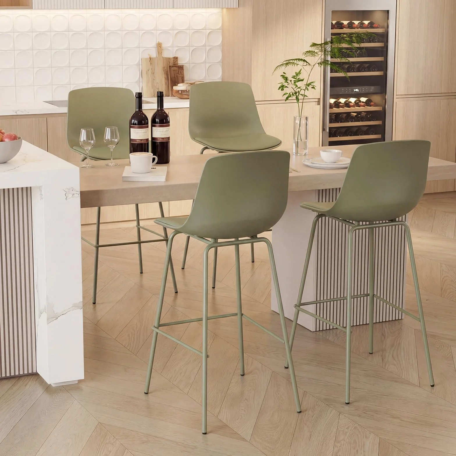 COSTWAY Juego de 4 Taburetes de Bar, Altura Asiento 76 cm, Taburetes Altos de Cocina con Respaldo, Asientos Acolchados, Reposapiés y Patas Metal, Silla Altas de Bar para Isla Cocina y Comedor, Verde