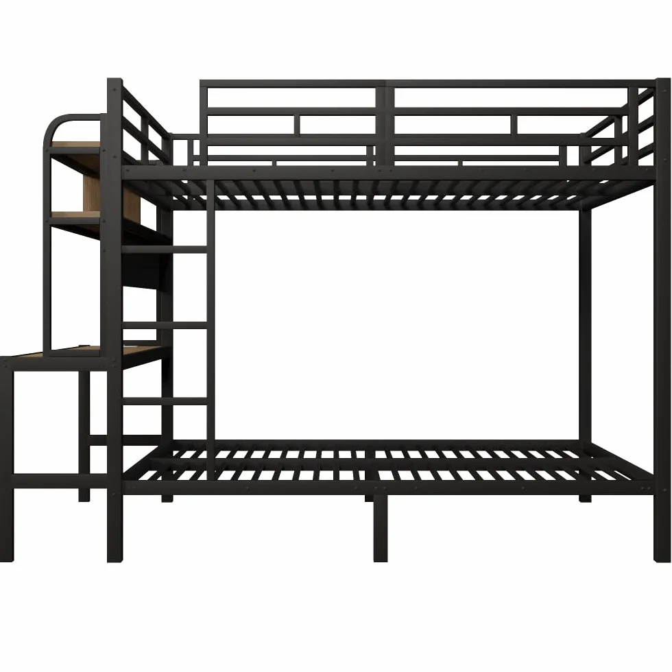 Lubvtti Litera de hierro para niños, 140 x 200 cm, con tira de luz LED, puerto USB, escritorio, compartimento de almacenamiento, cama infantil, estructura de cama de matrimonio (negro)