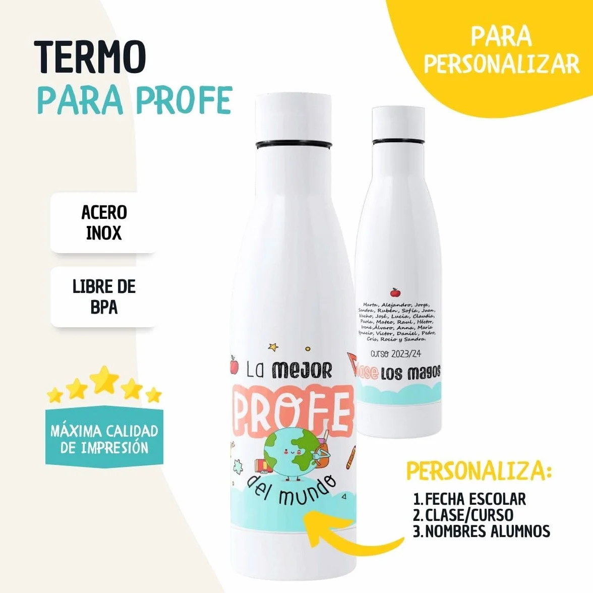 DEREGALOOS Botella térmica personalizada con foto y texto 700ml. Botella de agua acero inoxidable personalizada. Libre de BPA y reutilizable. Regalo para profesores.