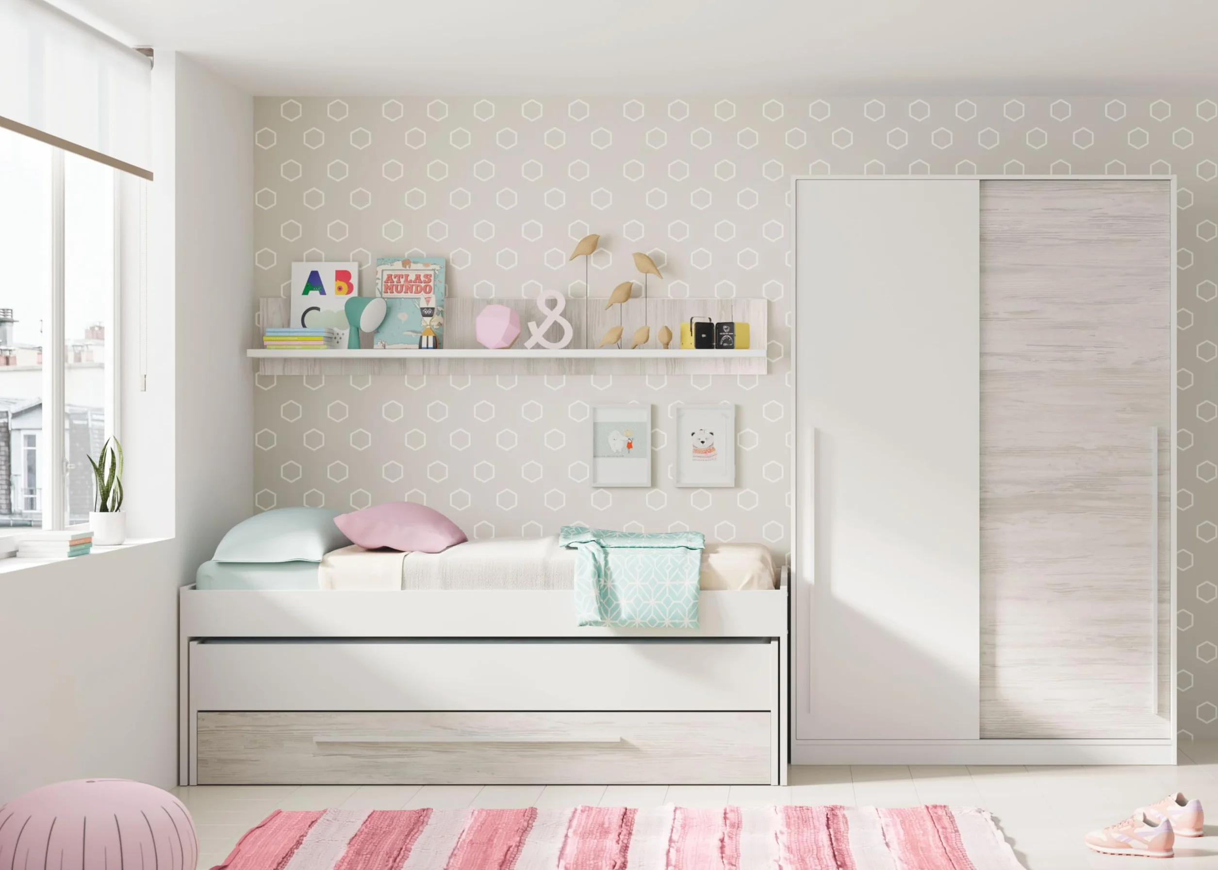 Habitdesign Cama Nido Juvenil 2 Camas Cajon Estante Infantil Blanco 199x96x65 cm
