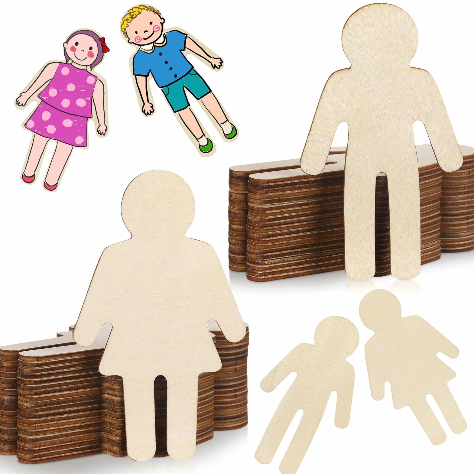 Barydat 60 piezas de recortes de madera con forma de personas de 5.5 x 2.4 pulgadas, con forma de niño y niña, manualidades de madera sin acabar, rebanadas de personas en blanco para proyectos de