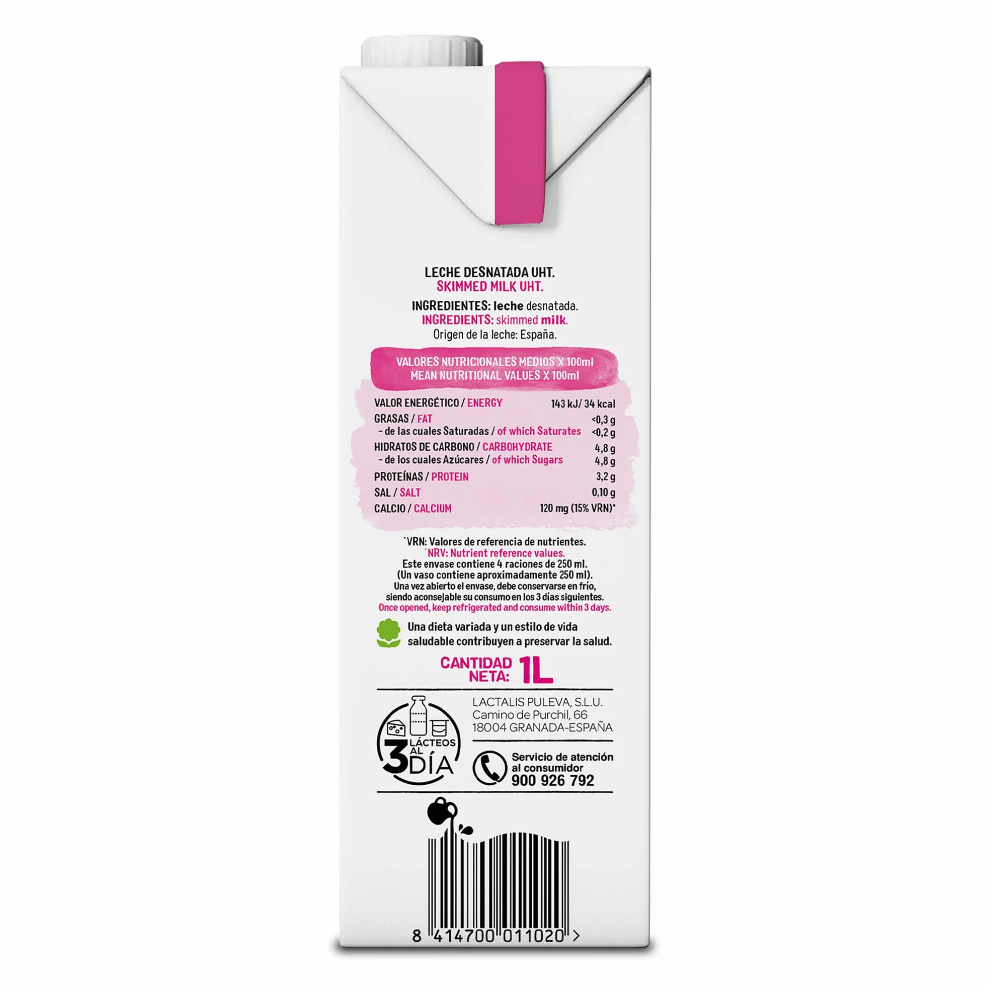 Lauki Leche Desnatada Bienestar Animal Sin Azúcar Añadido Sin Gluten Brik UHT Pack 6 x 1L