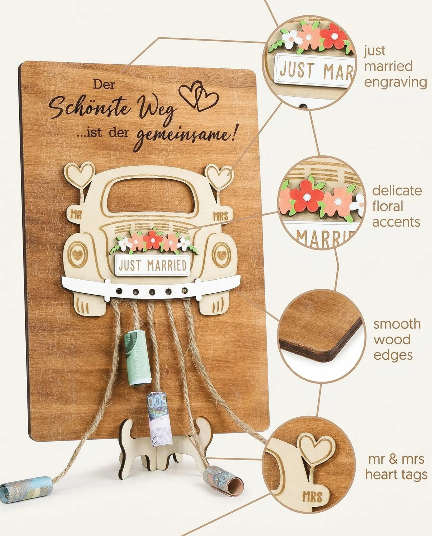 Regalo de Boda Original de Madera para Pareja, Coche con Soporte, Decoración para Novia y Novio