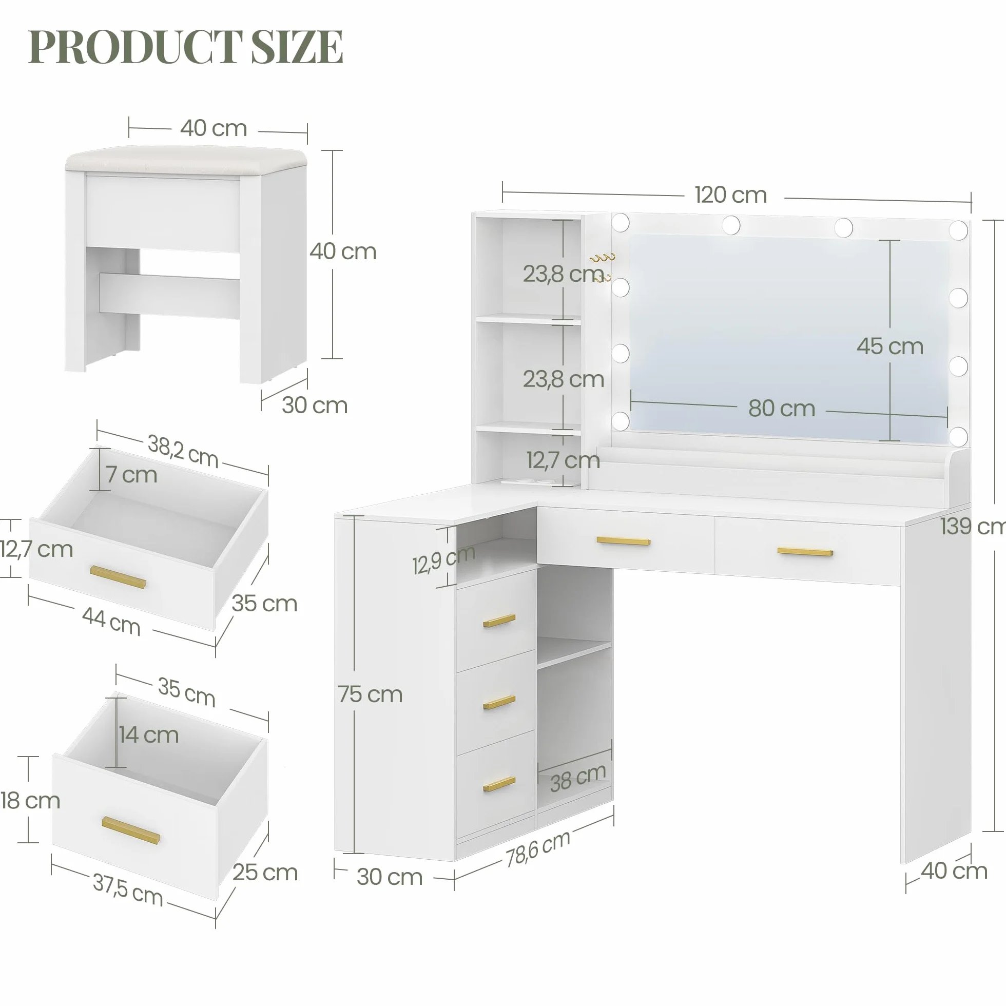 HEXCELEN Tocador de Maquillaje con Espejo LED, Brillo Ajustable, Mesa de Maquillaje con Toma de Corriente, Tocador con Taburete, 5 Cajones, Estantes de Almacenamiento, 40 × 120 × 139 cm, Blanco