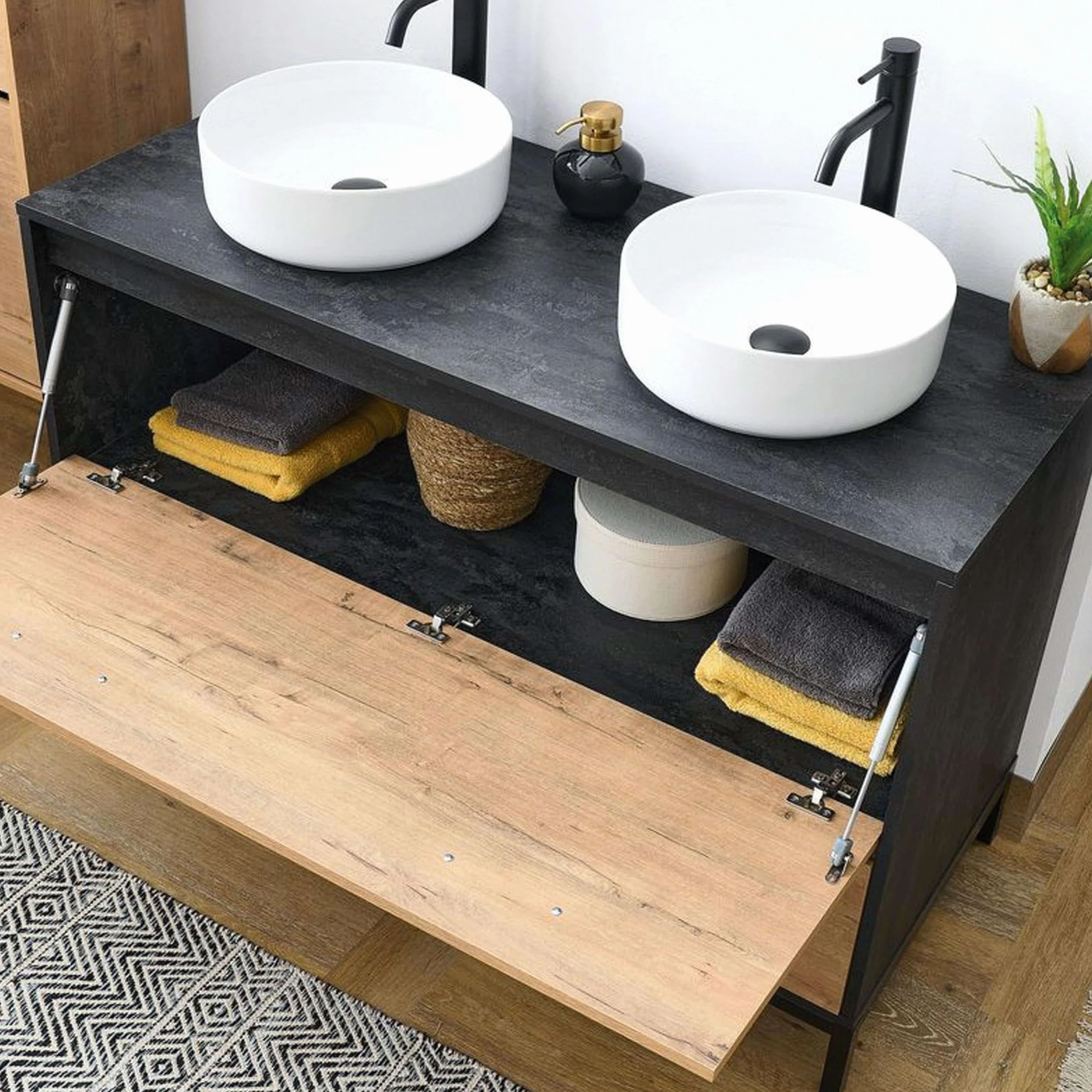 Muebles Pitarch | Mueble de Baño Doble 120cm ancho, Industrial Negro y Roble Gold, con estructura Patas, 2 Cajones y 1 Puerta, para Lavabos de sobreponer, modelo Sena