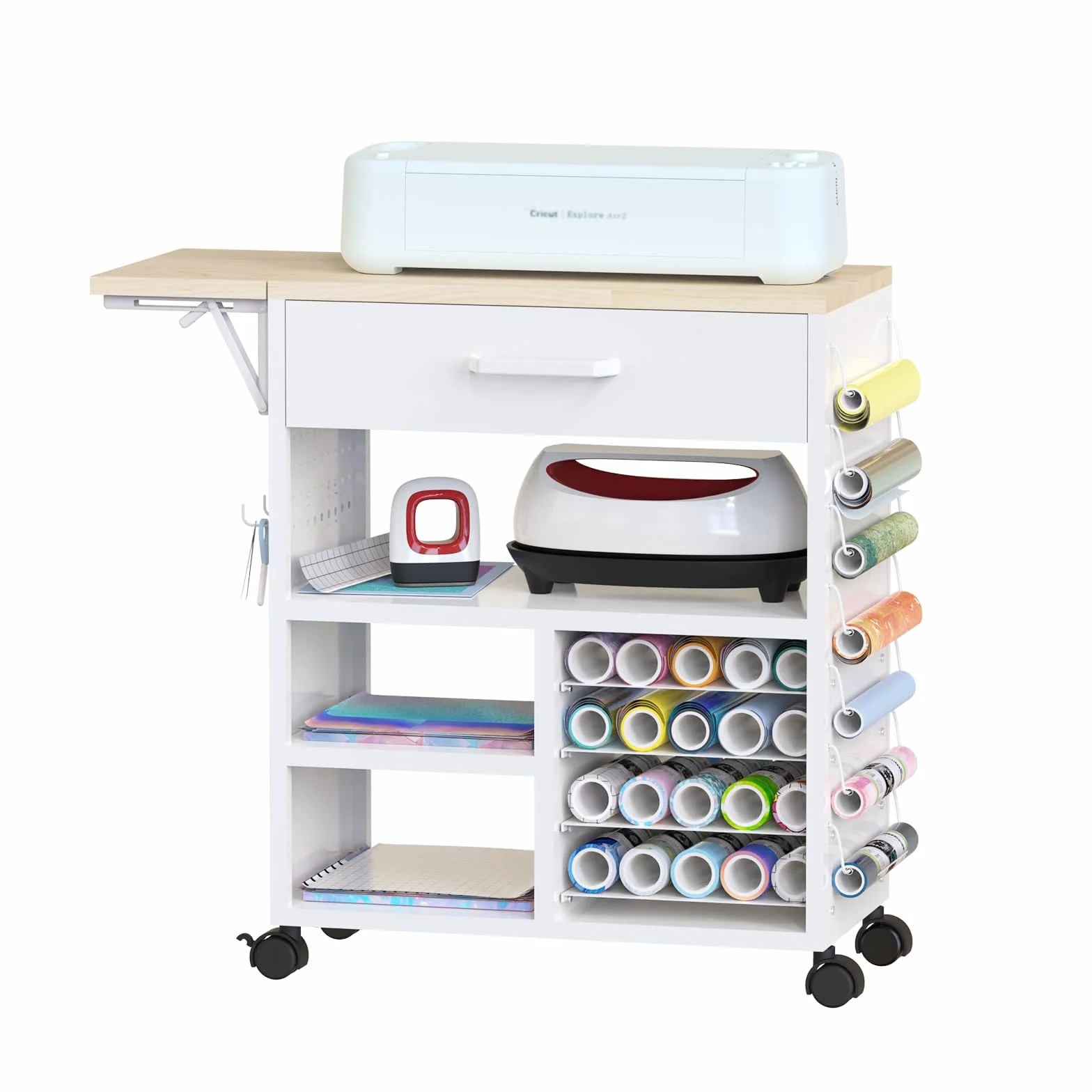Carrito de manualidades resistente con cajones y estantes ajustables, estación de trabajo móvil rodante para Cricut Maker 3, Explore 3, vinilo, costura, ruedas de bloqueo, fácil montaje, organizador