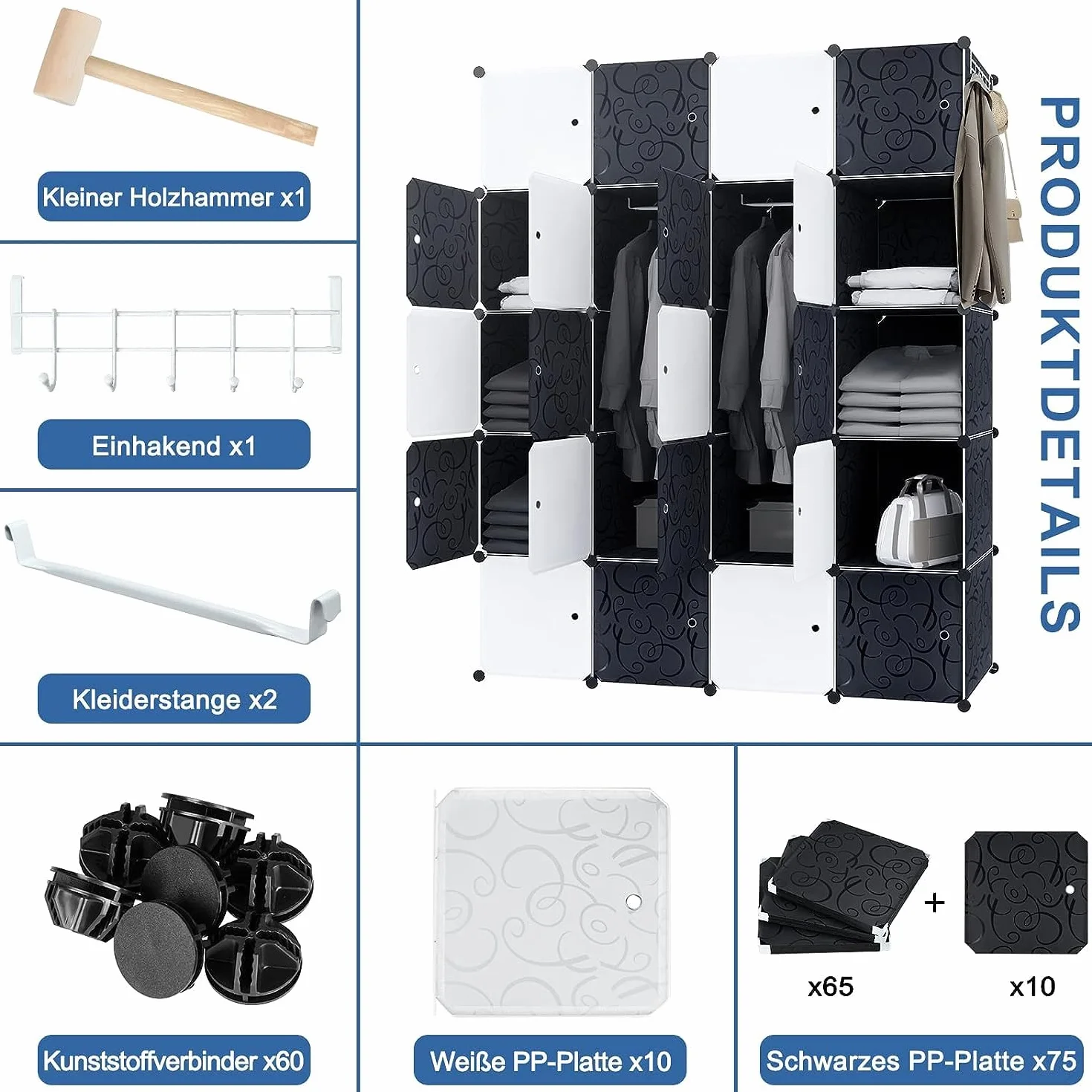 HENGMEI Armario con 20 Cubos Plástico PP Perchero Portátil 2 Barras 145 x 178 x 37 cm