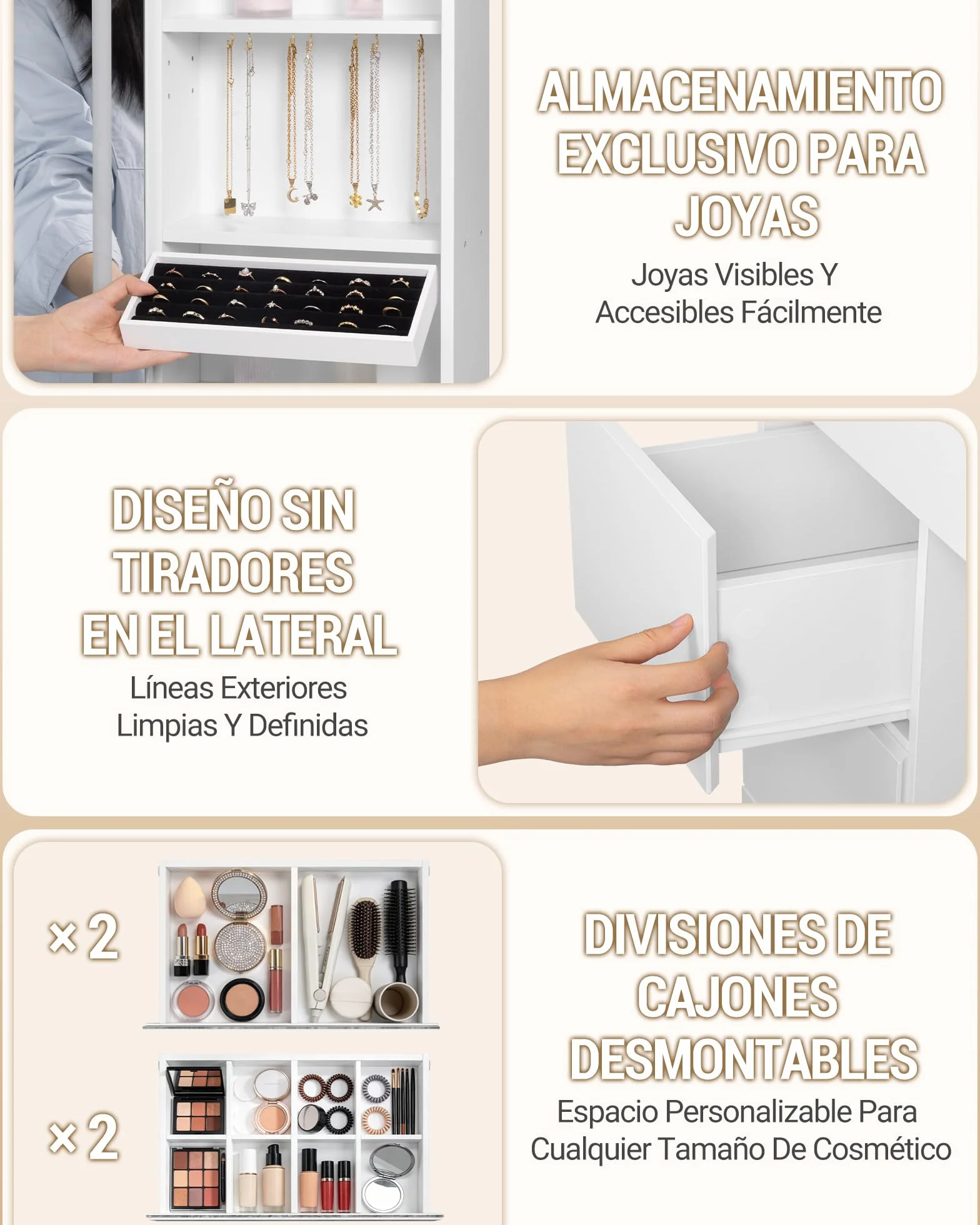 Hzuaneri 108 cm Tocador de Maquillaje, Tocador con Tablero de Cristal, Tira de Luz RGB, 8 Cajones, 9 Estantes de Almacenamiento Abiertos, Apto para Dormitorio, Blanco 1180203XEU